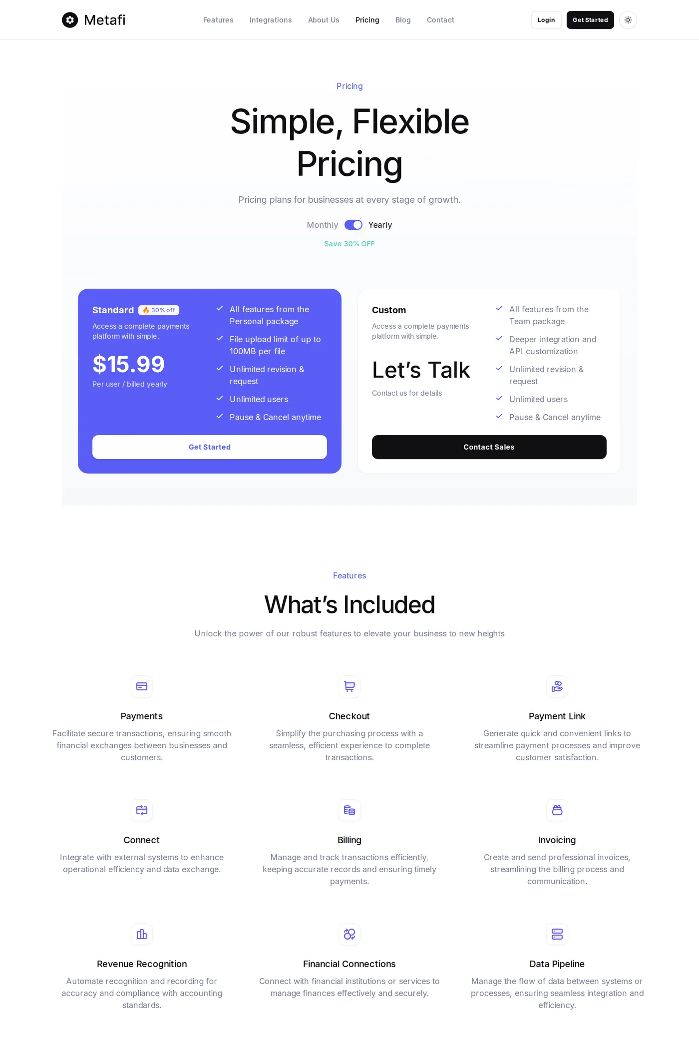 Metafi — screenshot of the pricing page