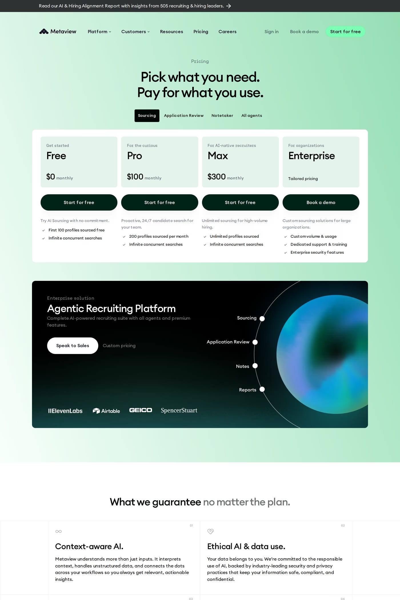 Metaview — screenshot of the pricing page