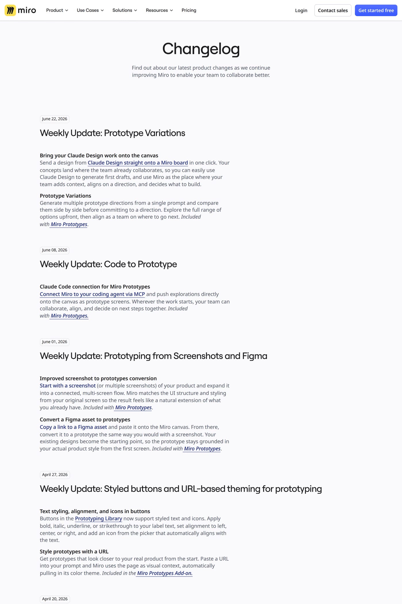 Miro Intelligent Canvas changelog page