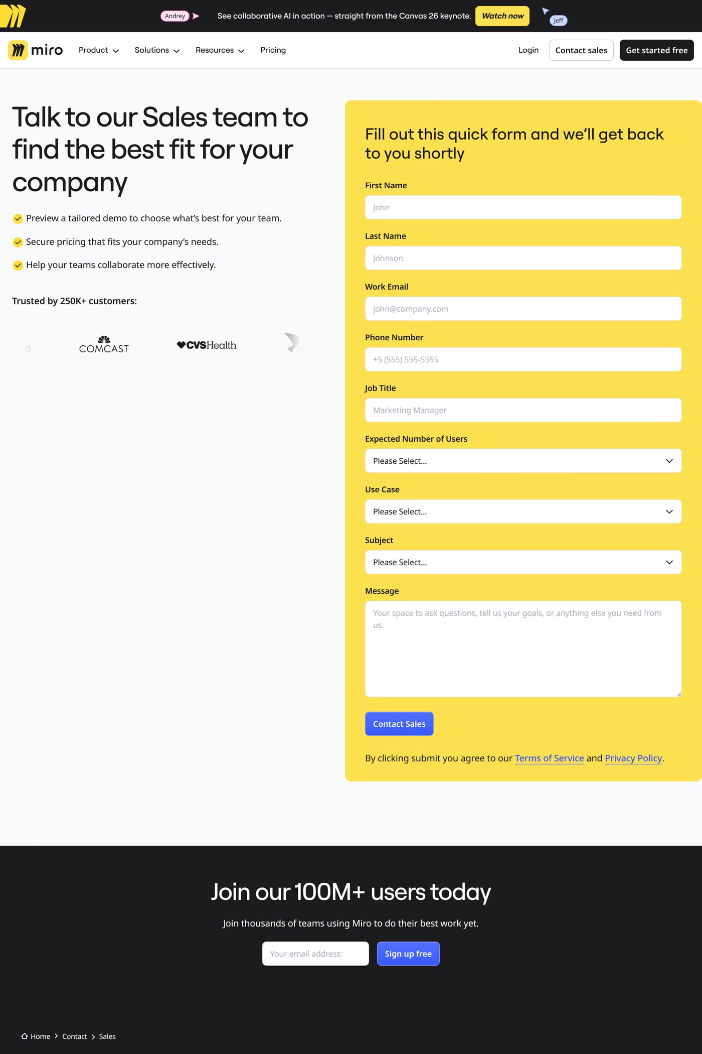 Miro Intelligent Canvas — screenshot of the contact page