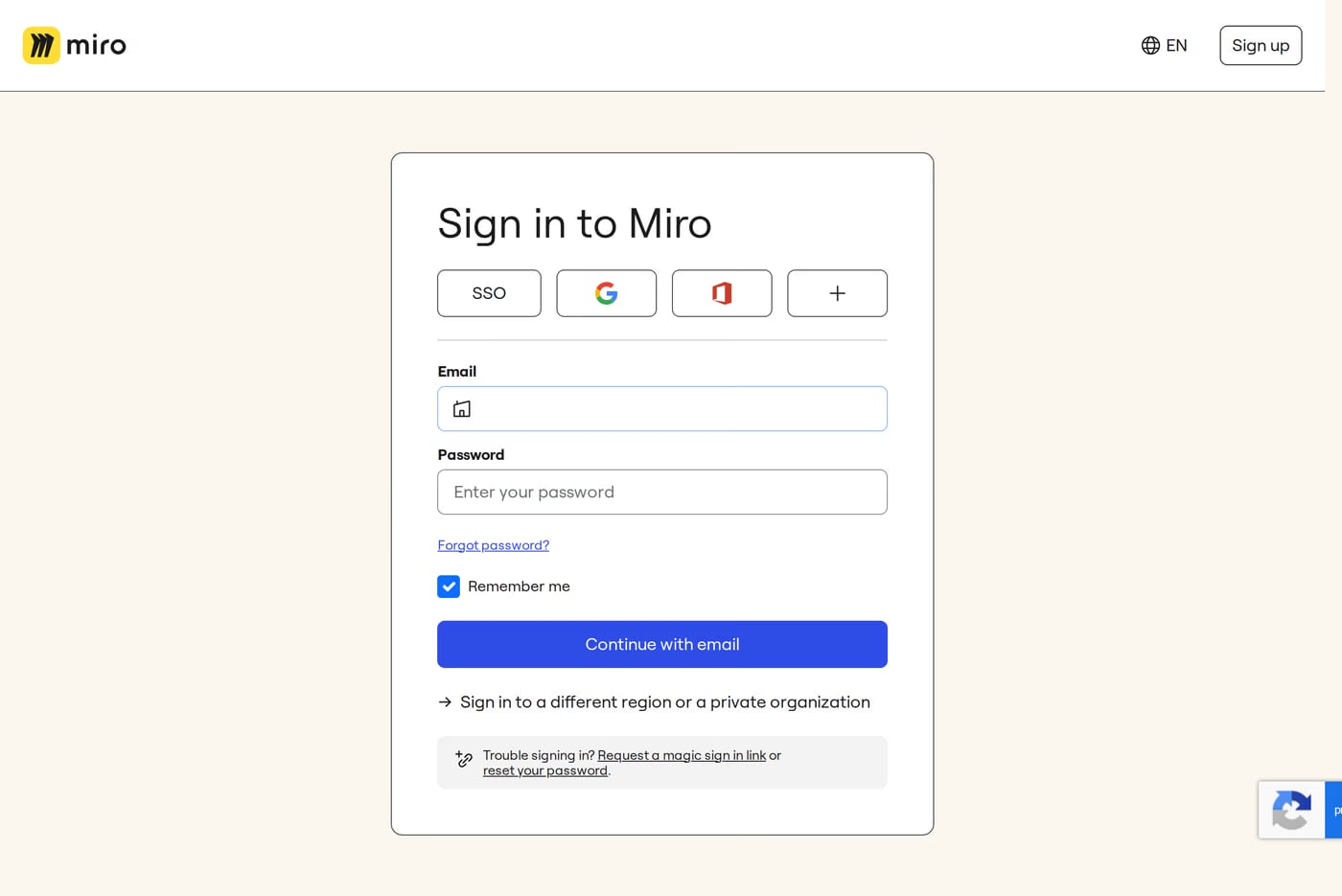 Miro Intelligent Canvas — screenshot of the login page