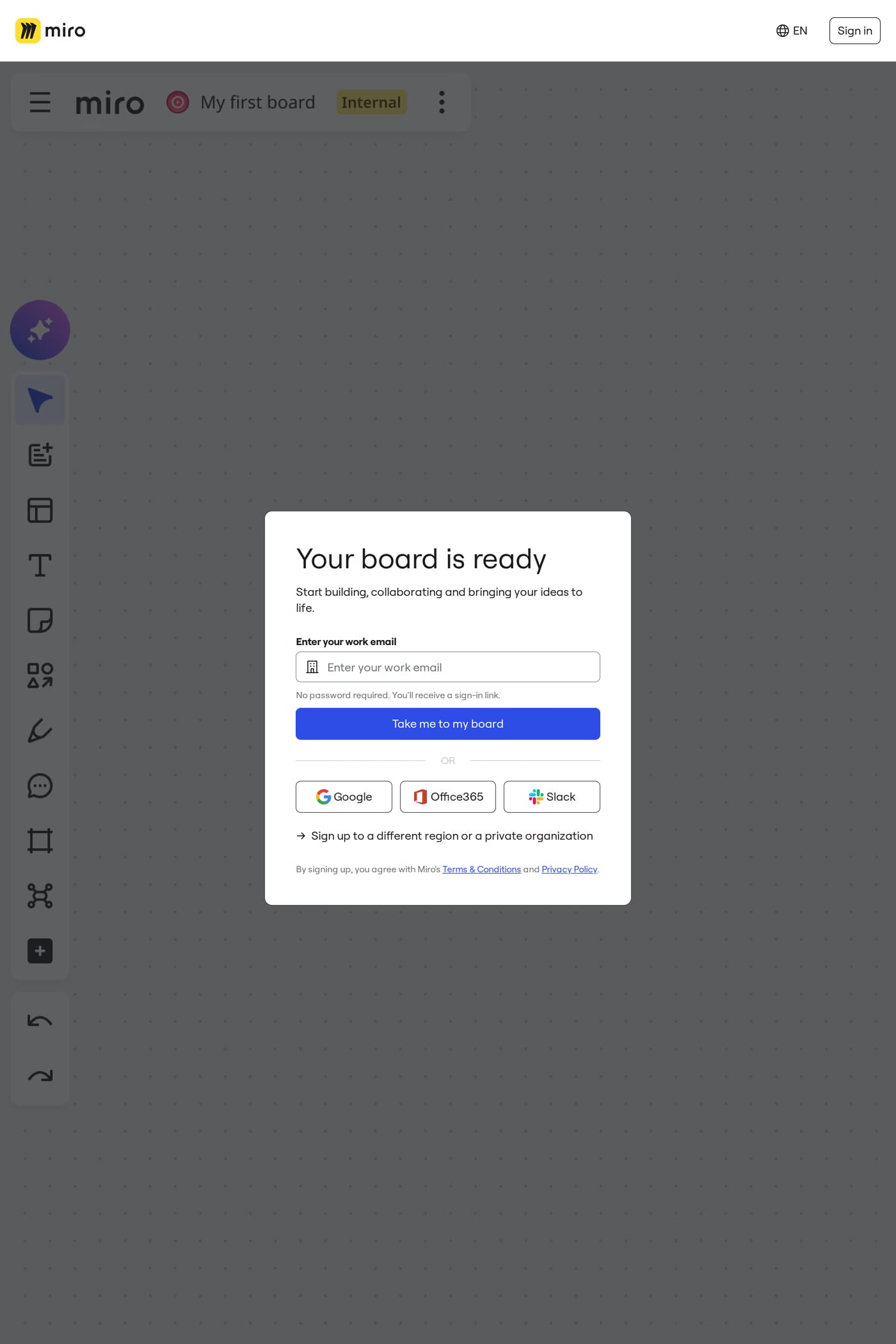 Miro Intelligent Canvas — screenshot of the sign up page
