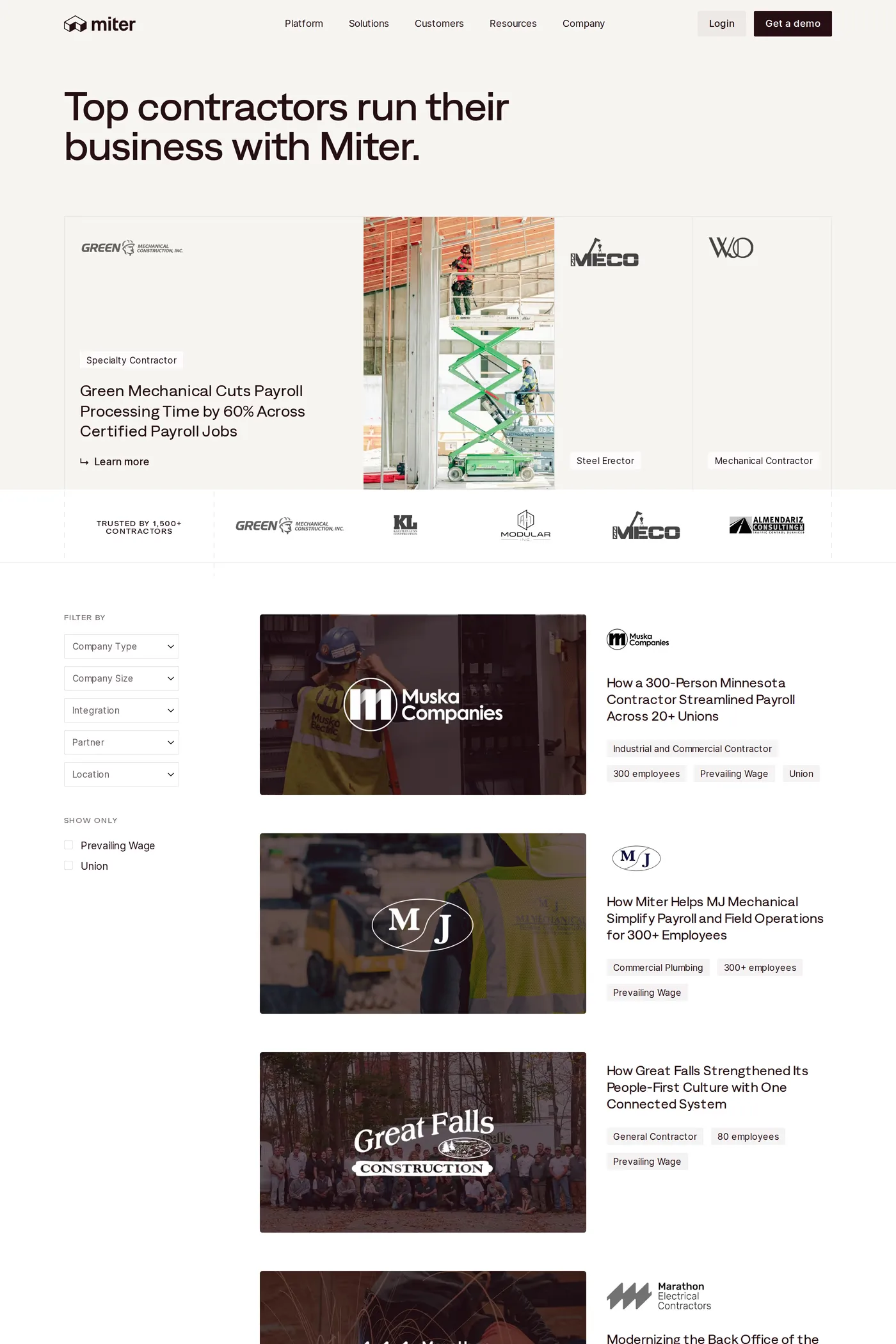 Miter — screenshot of the case studies page