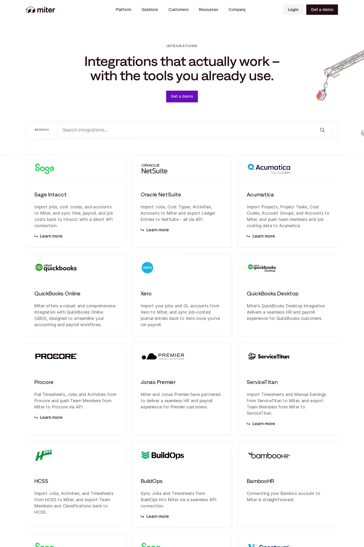 Miter — screenshot of the integrations page