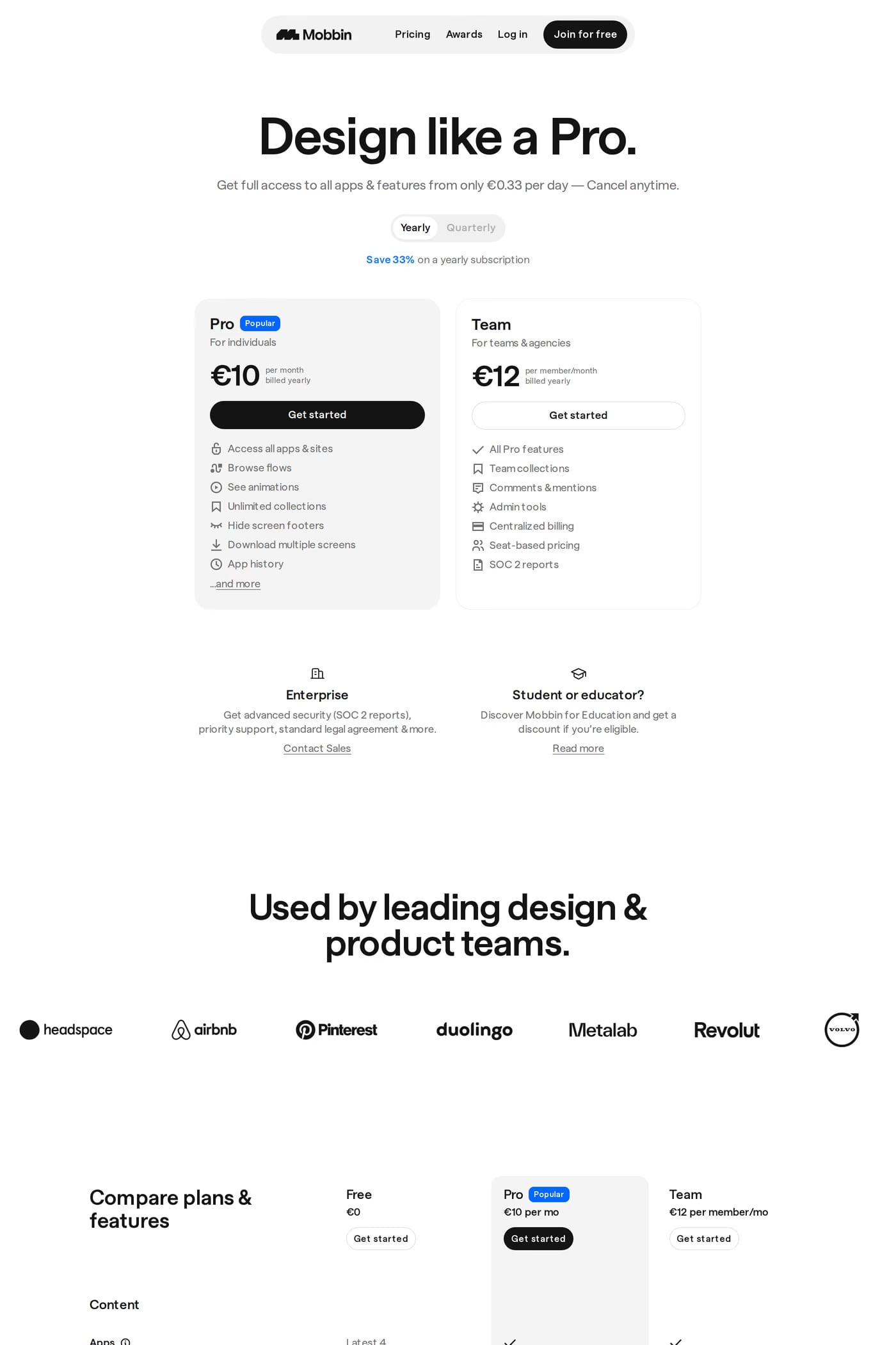Mobbin — screenshot of the pricing page