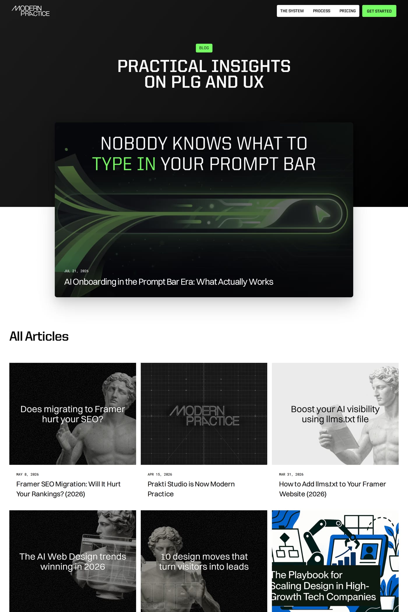 Modern Practice — screenshot of the blog page