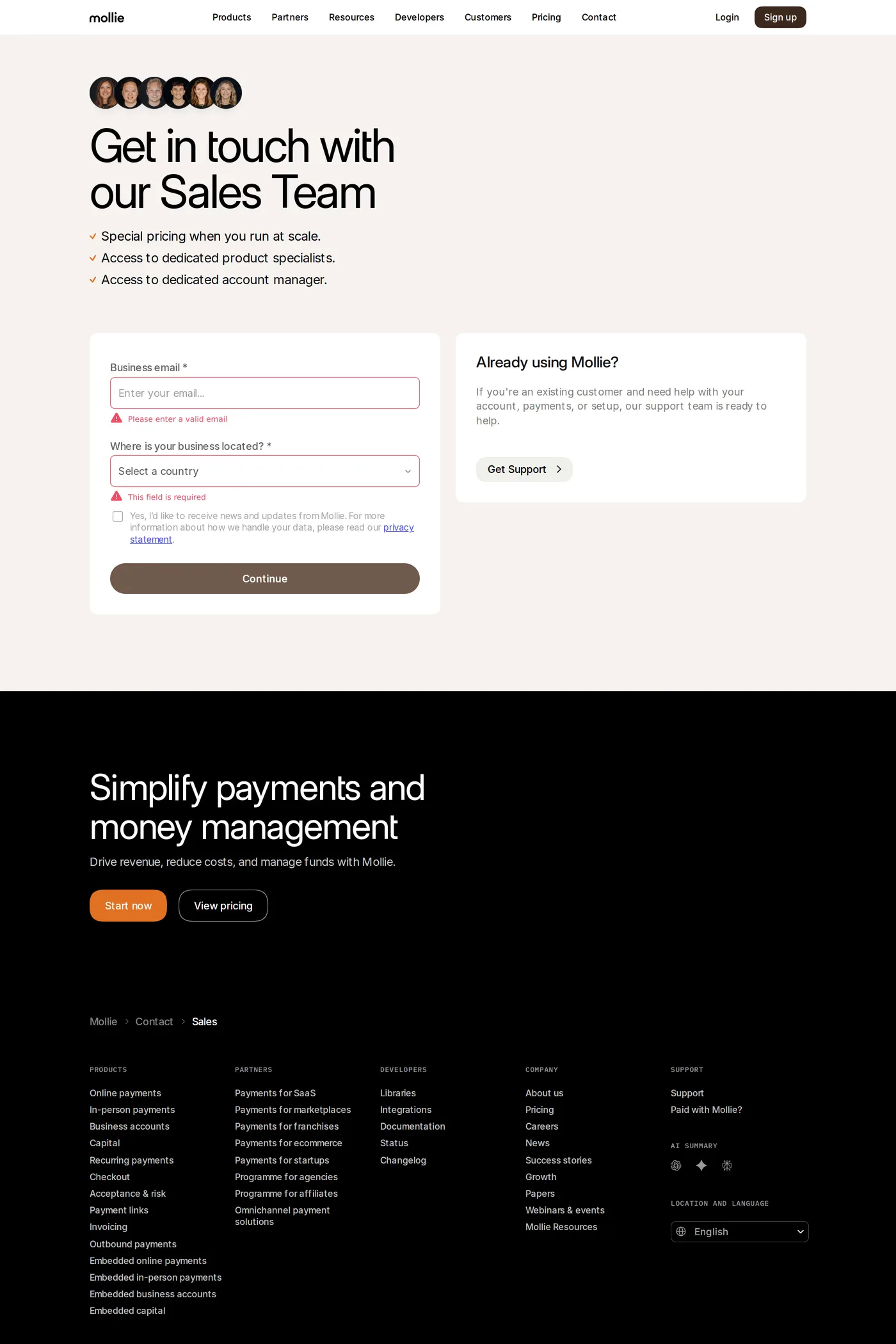 Mollie — screenshot of the contact page