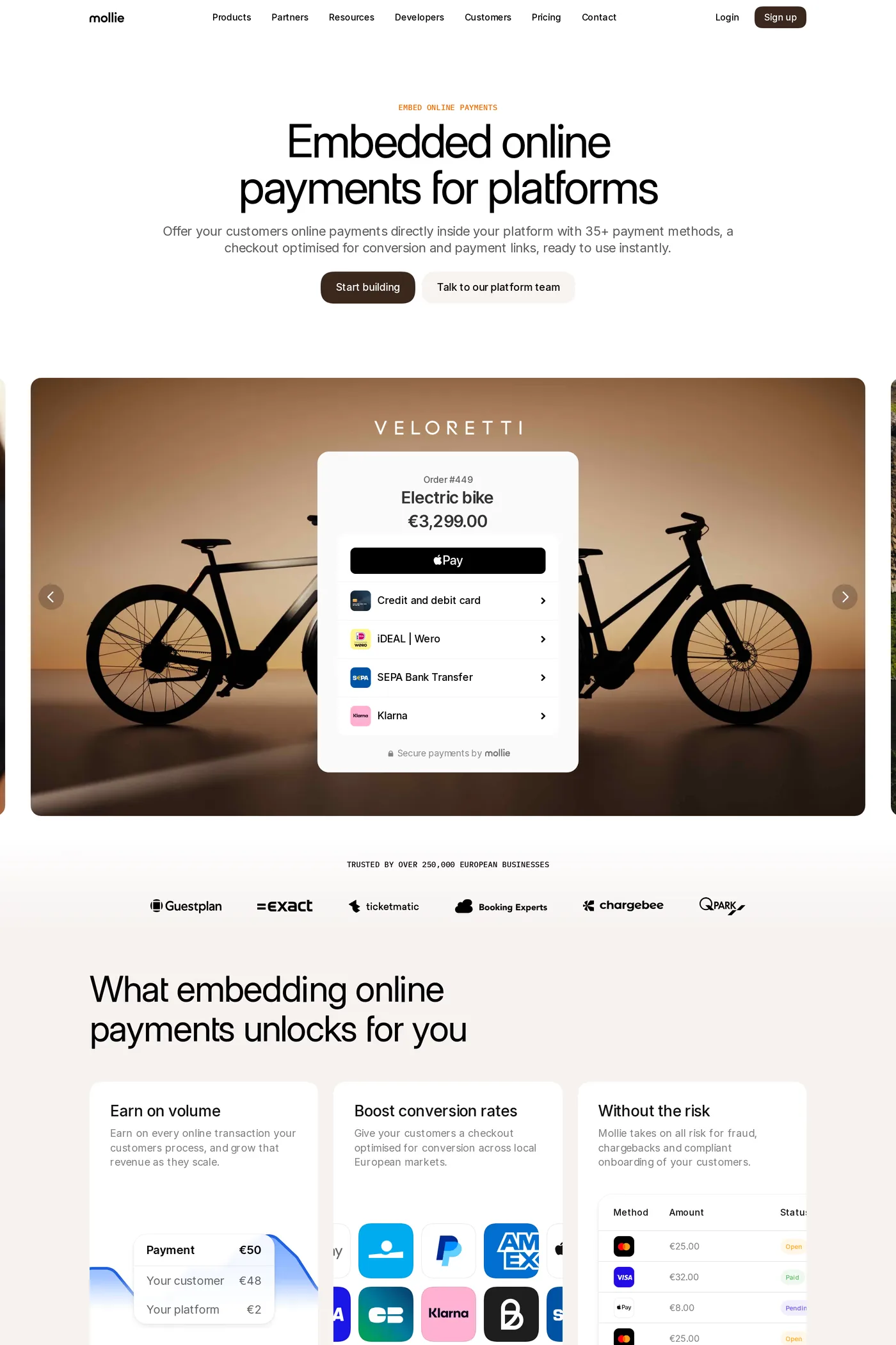 Mollie — screenshot of the features page