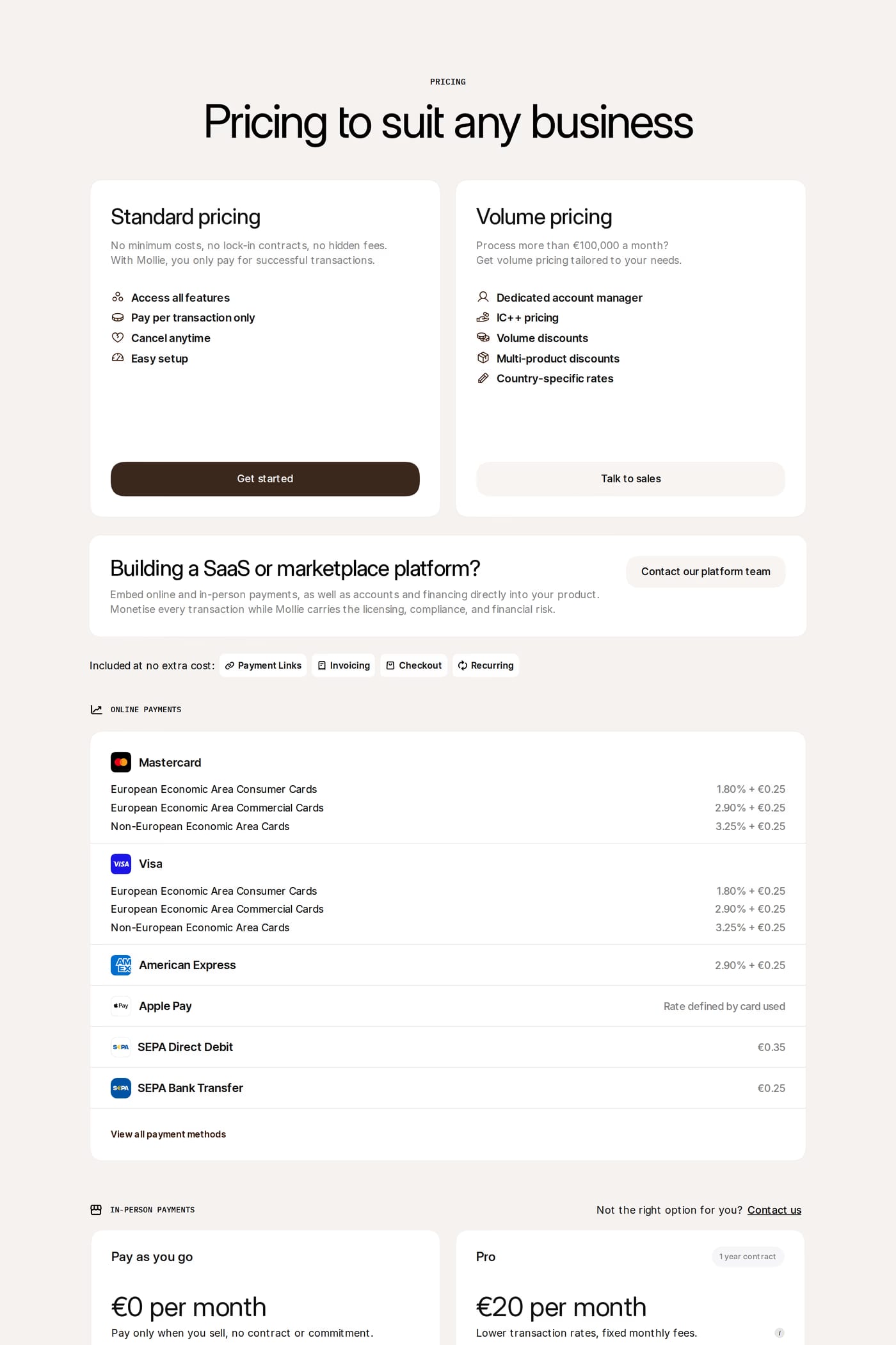 Mollie pricing page