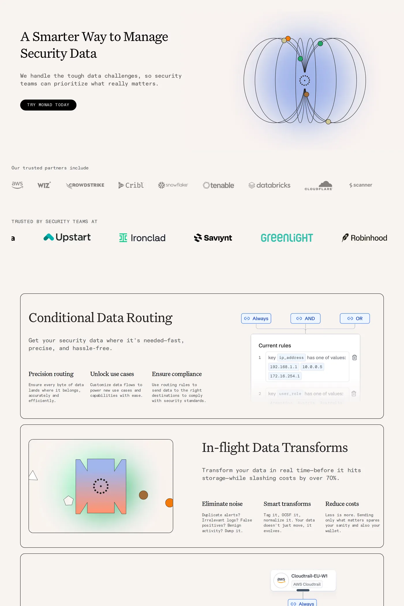 Monad — screenshot of the features page