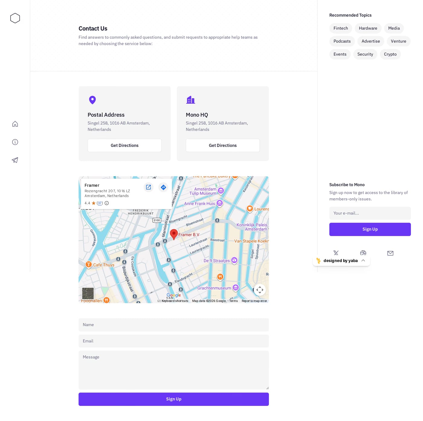 Mono — screenshot of the contact page