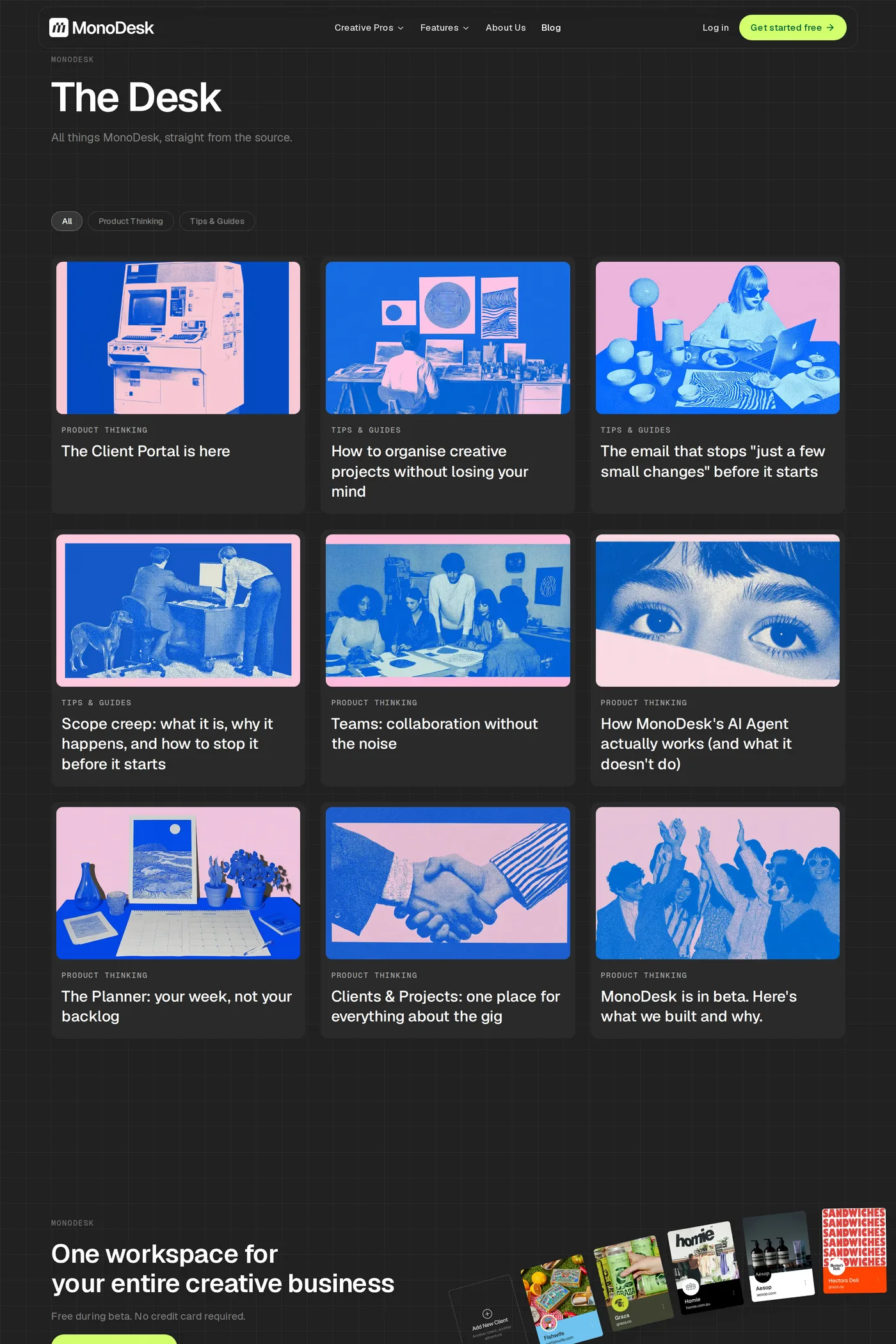 MonoDesk — screenshot of the blog page