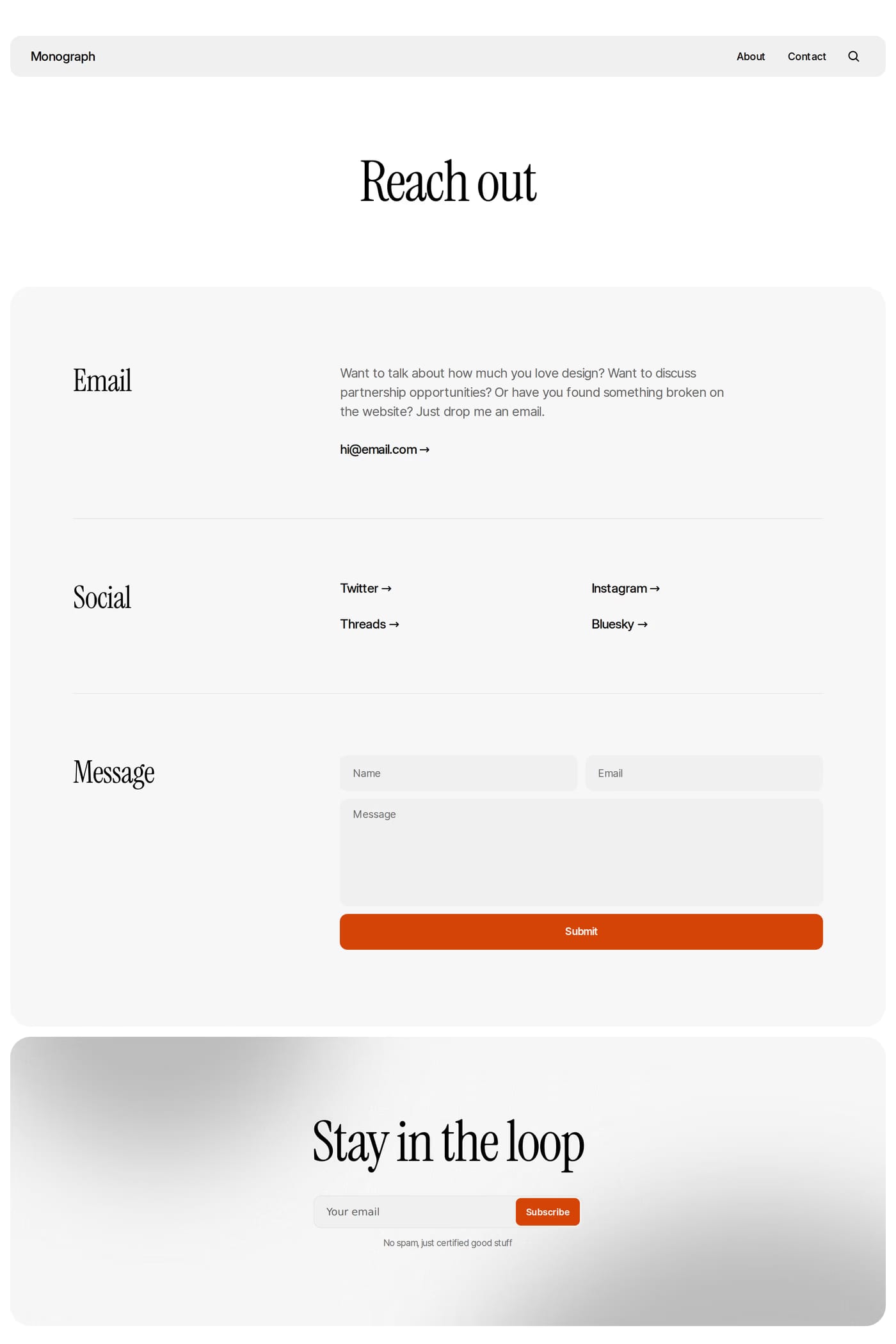 Monograph — screenshot of the contact page
