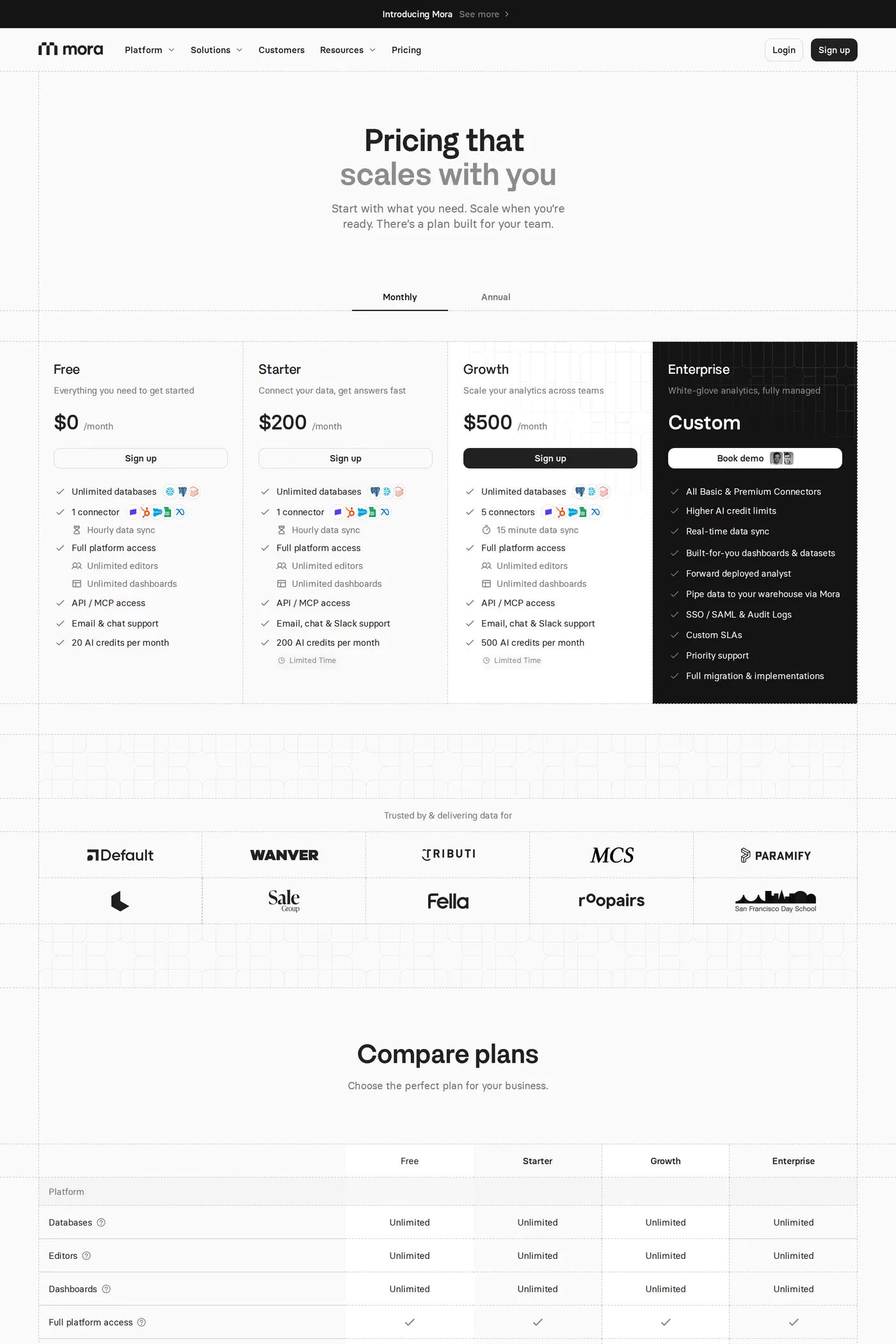 Mora — screenshot of the pricing page