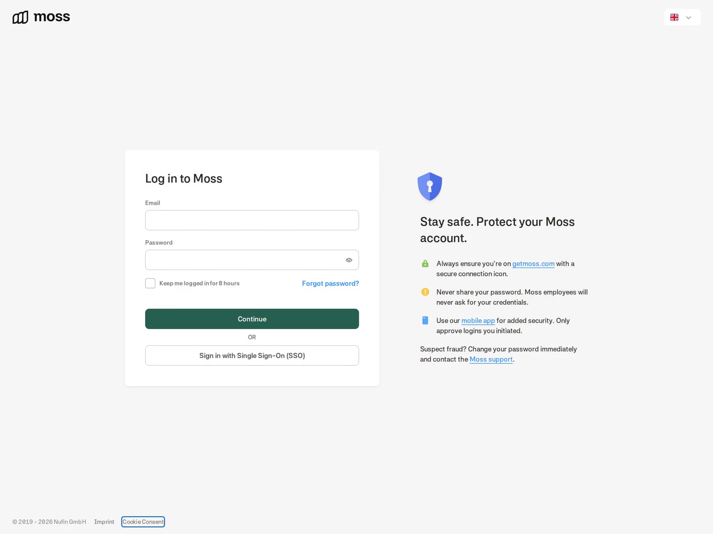 Moss — screenshot of the login page