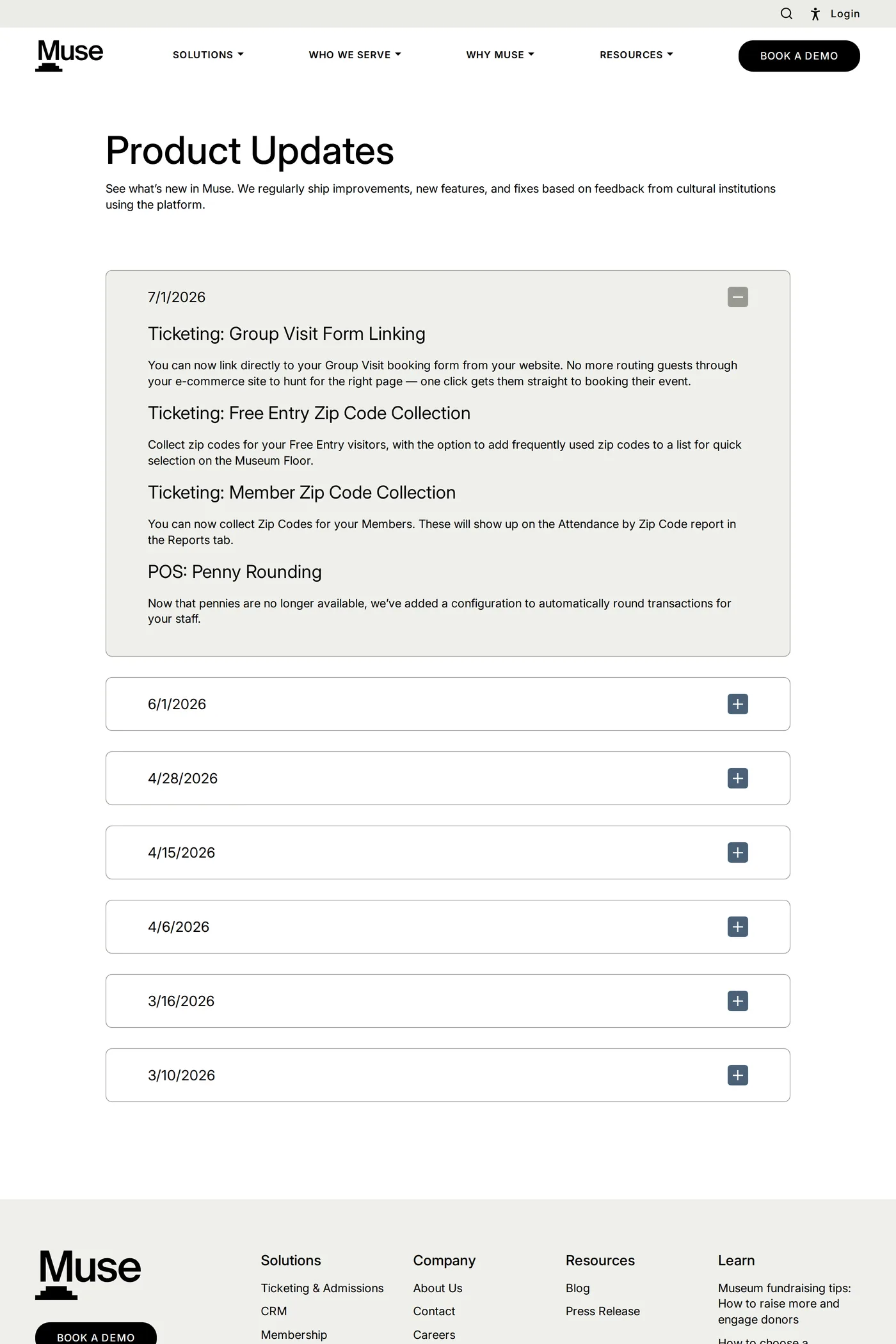 Muse — screenshot of the changelog page