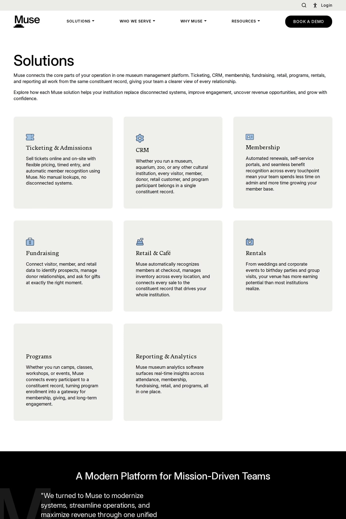 Muse — screenshot of the features page