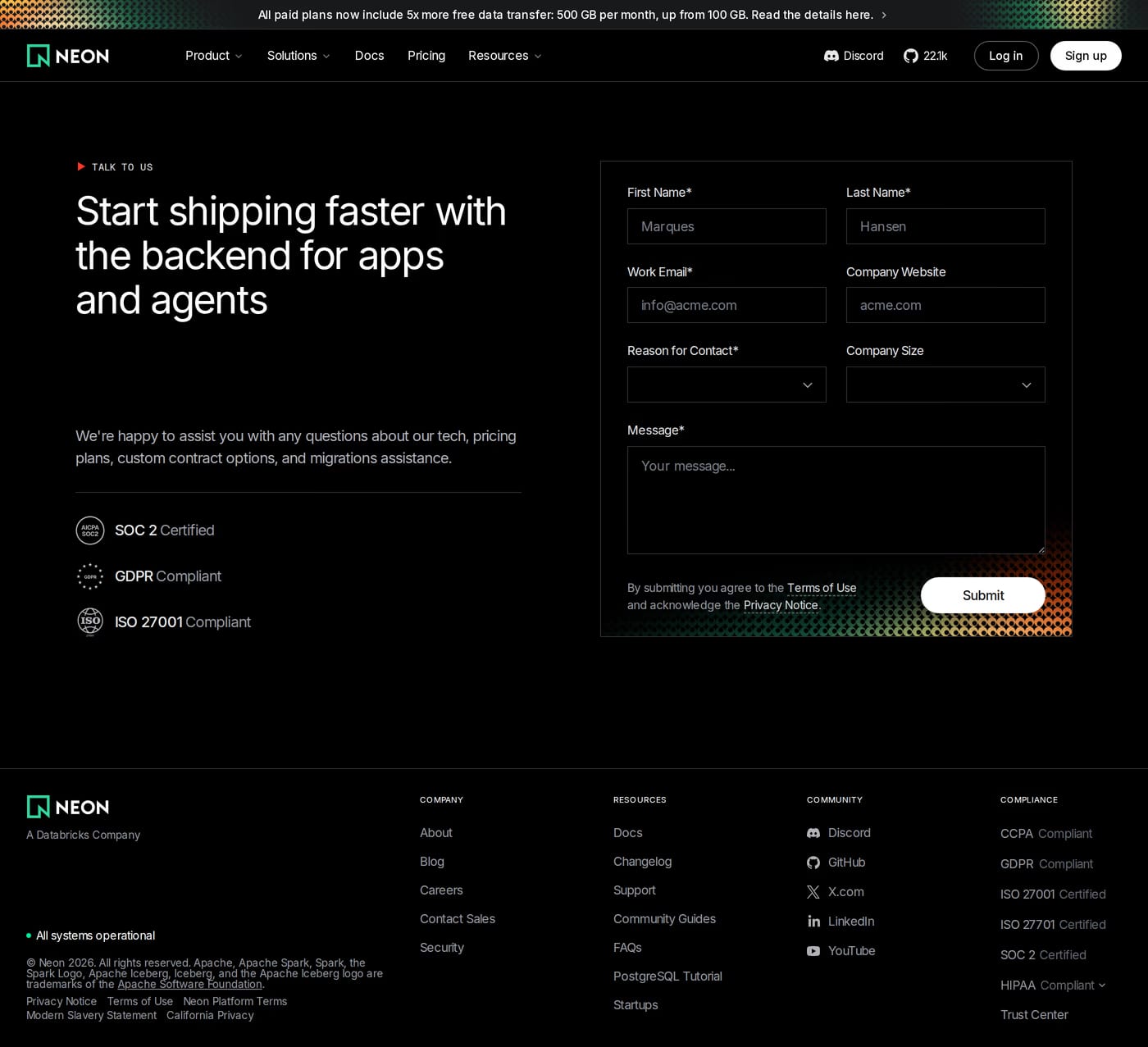 Neon contact page