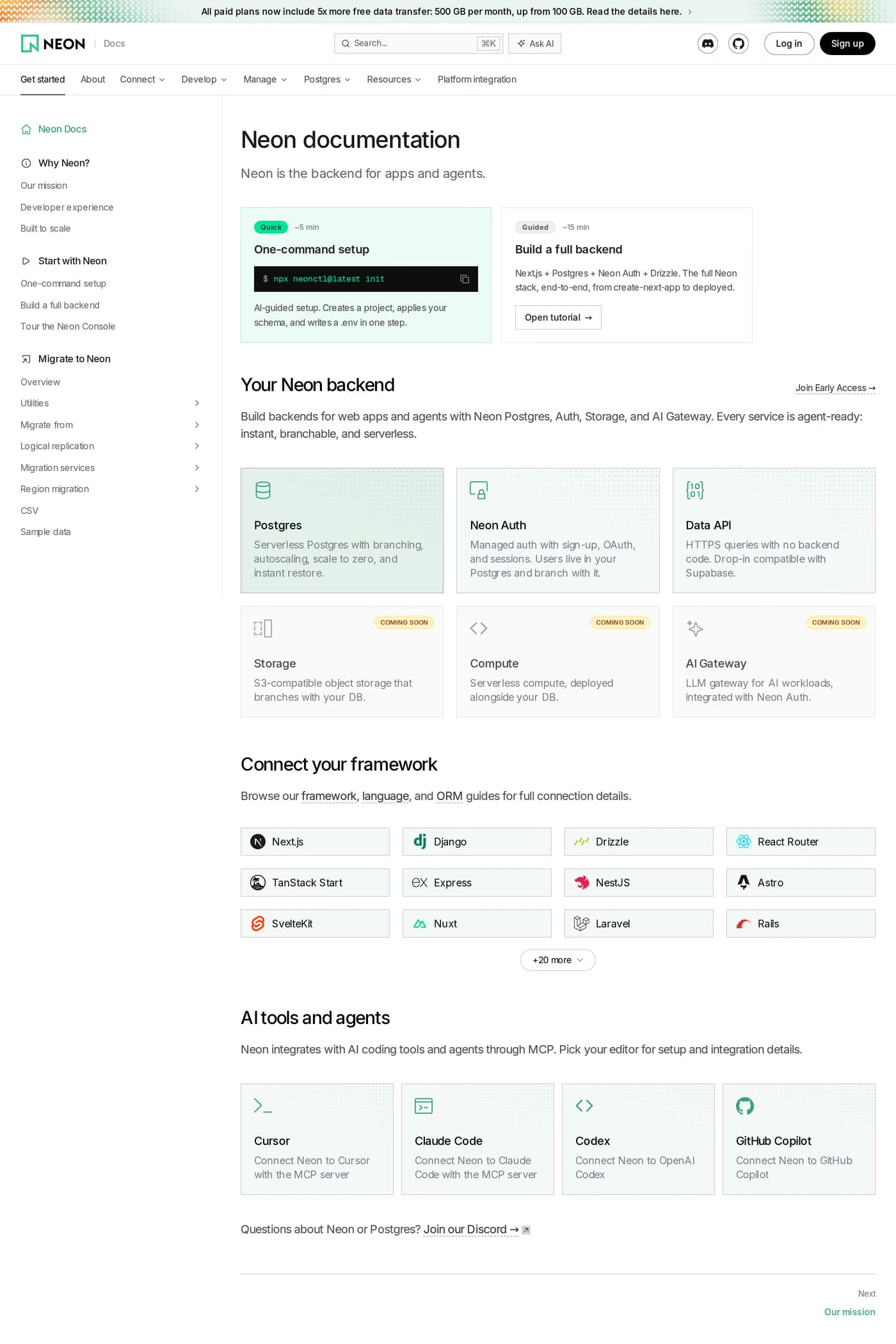 Neon docs page