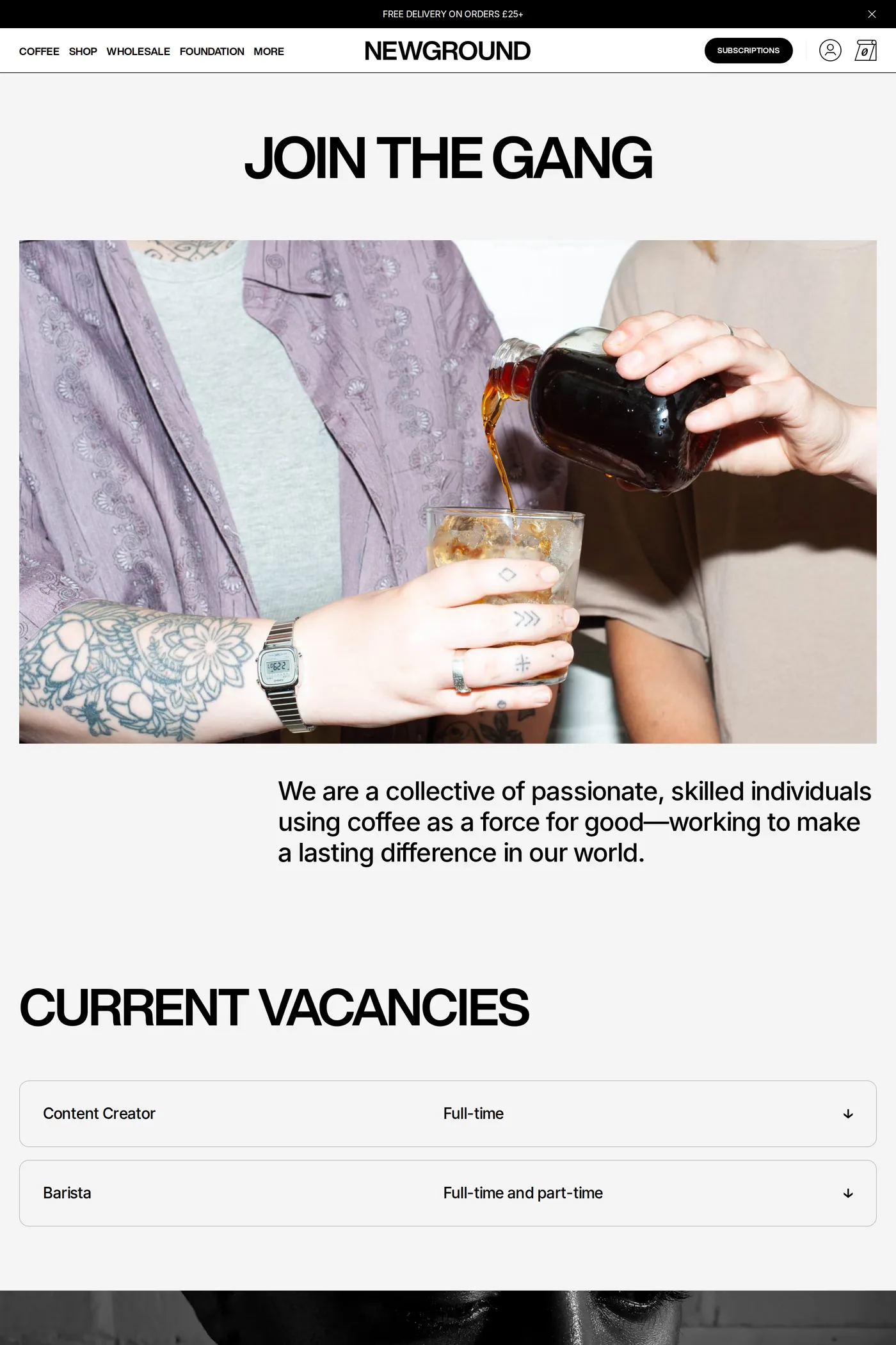 New Ground Coffee — screenshot of the careers page