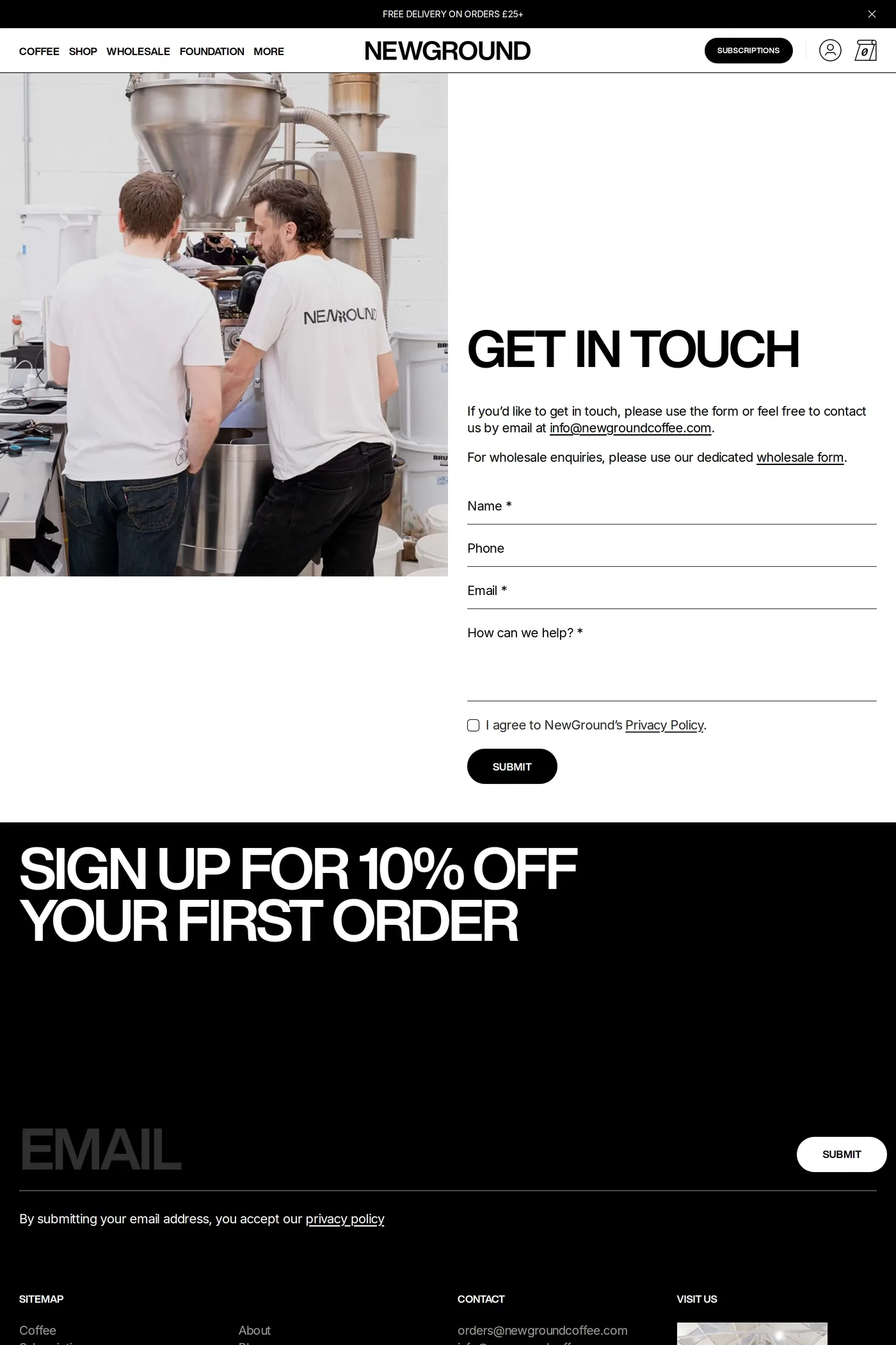 New Ground Coffee — screenshot of the contact page