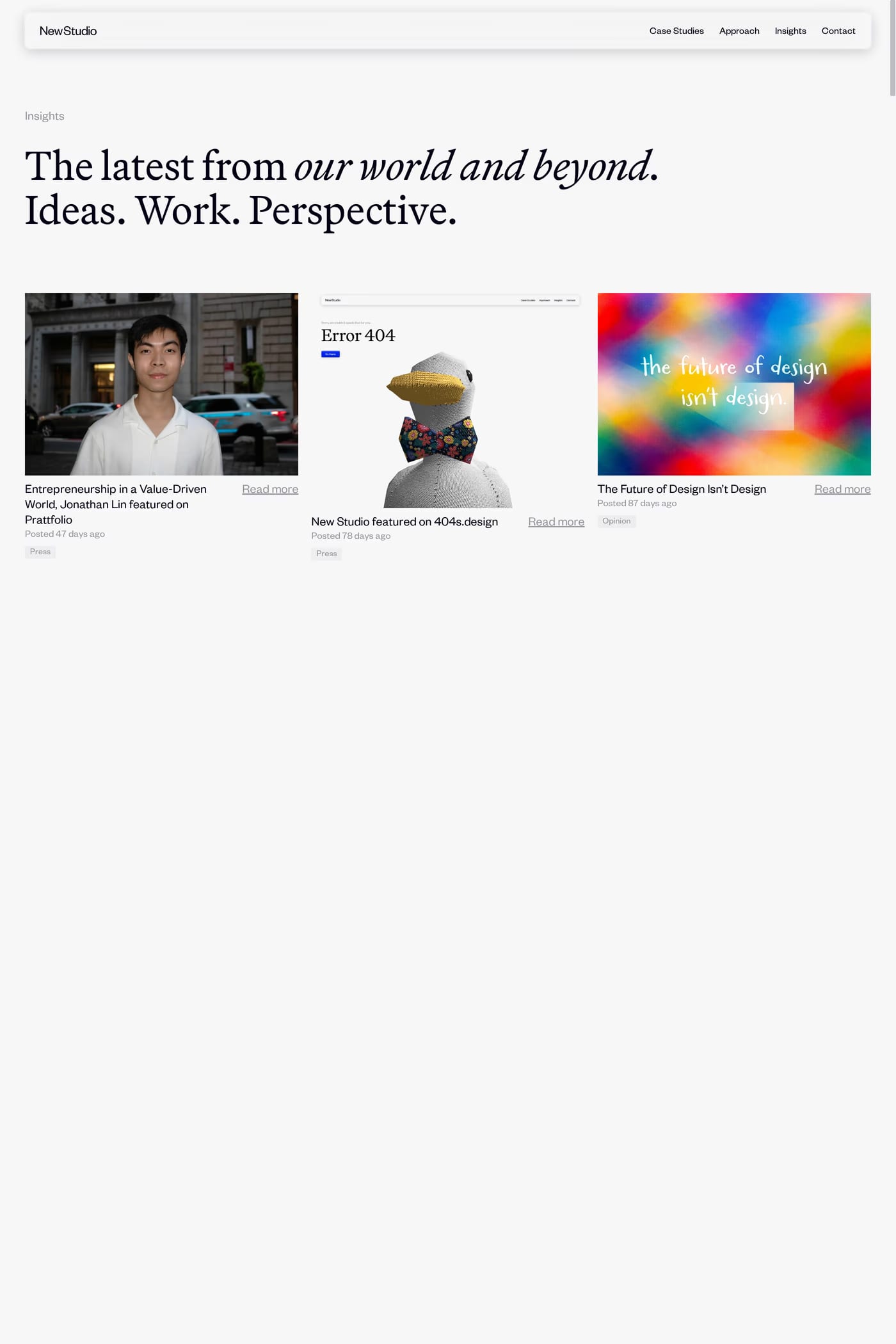 New Studio — screenshot of the blog page