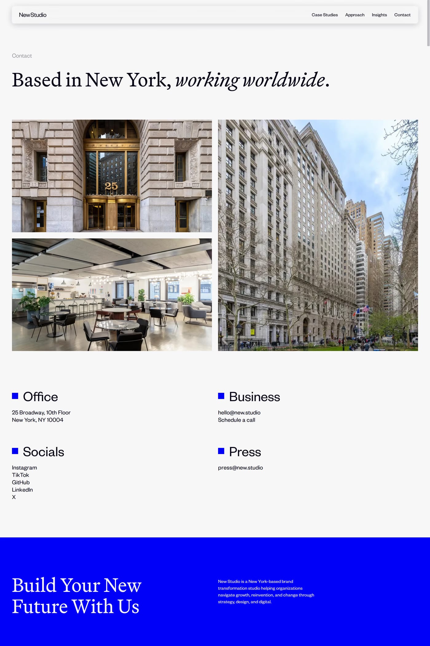 New Studio — screenshot of the contact page