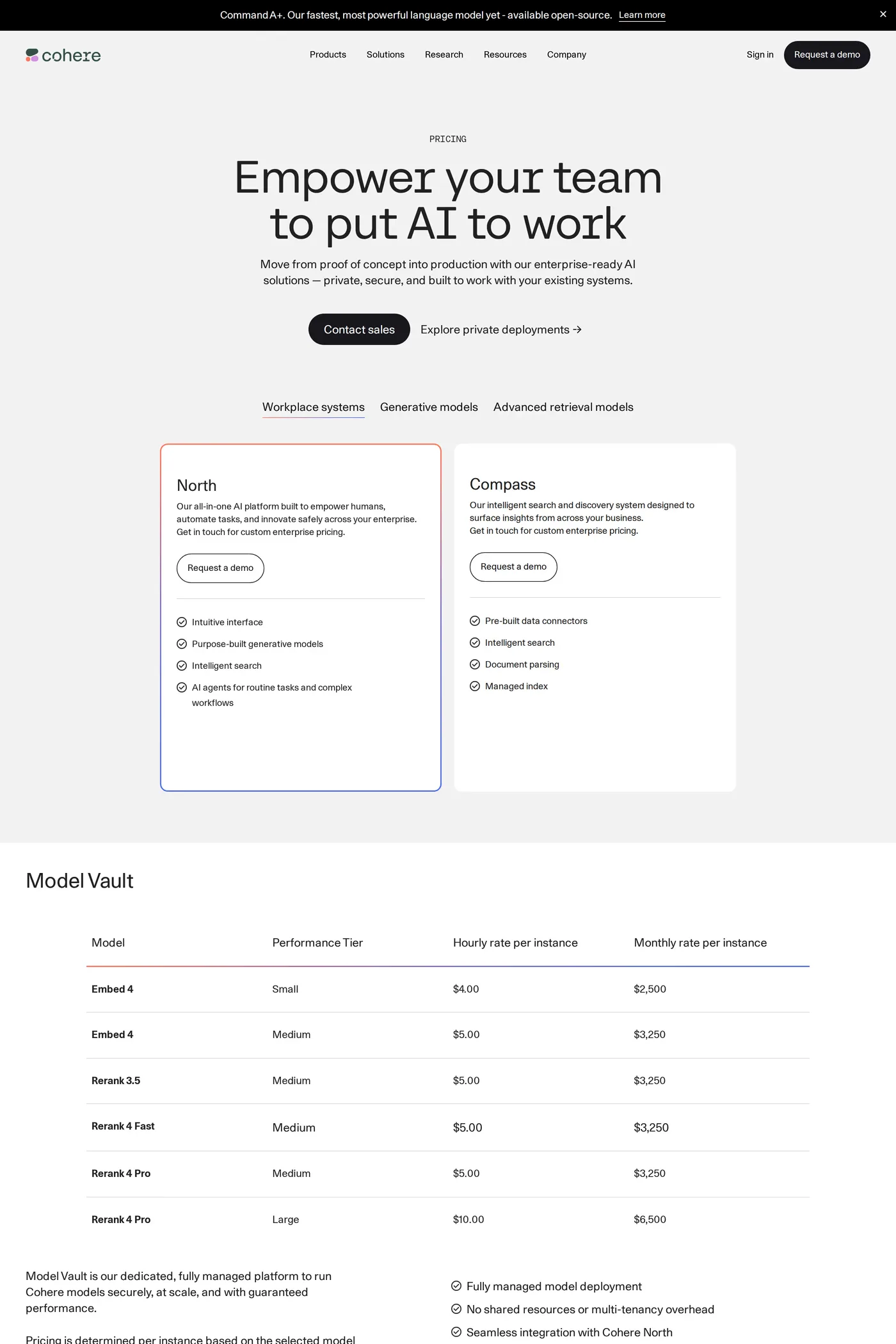 North — screenshot of the pricing page