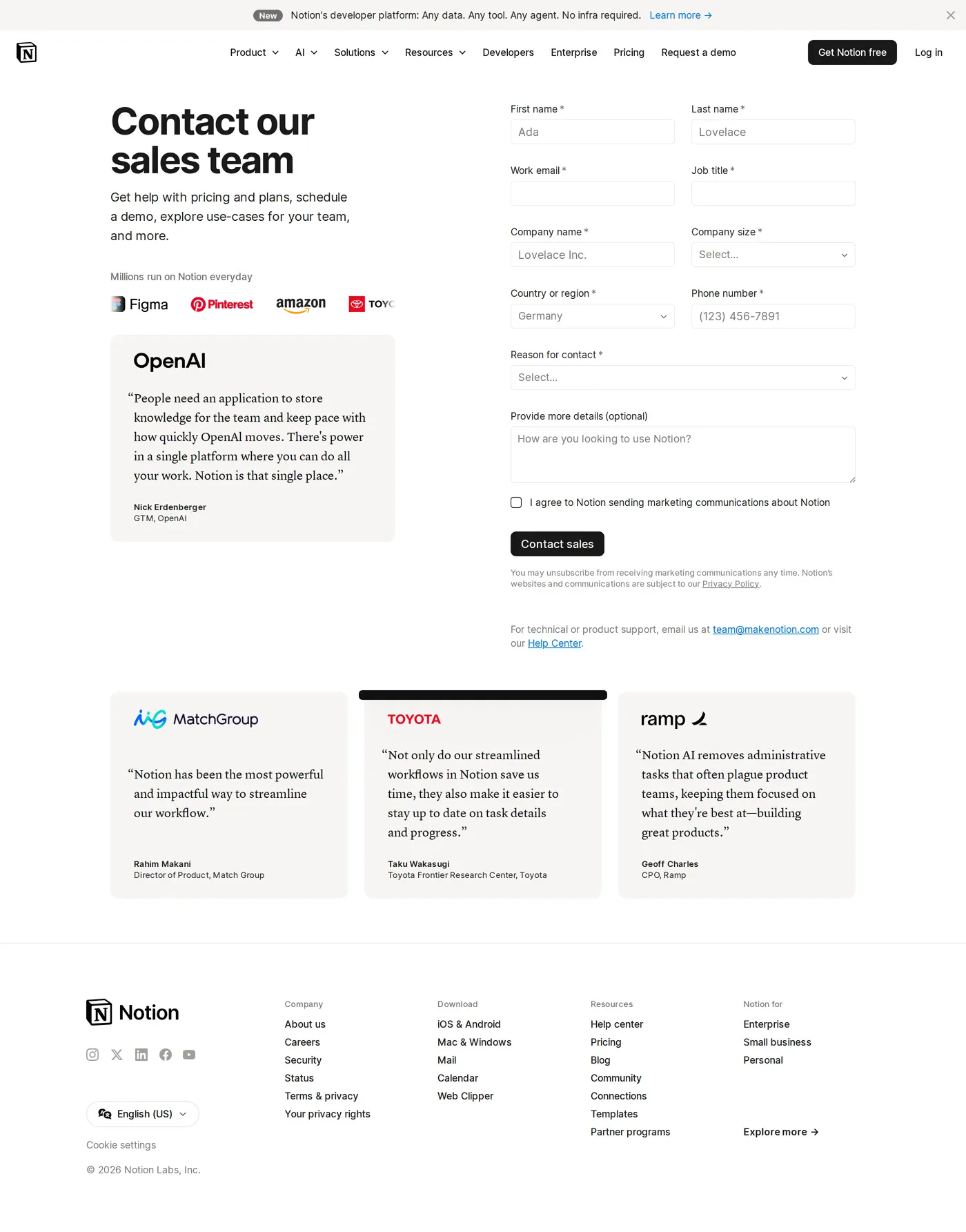Notion — screenshot of the contact page