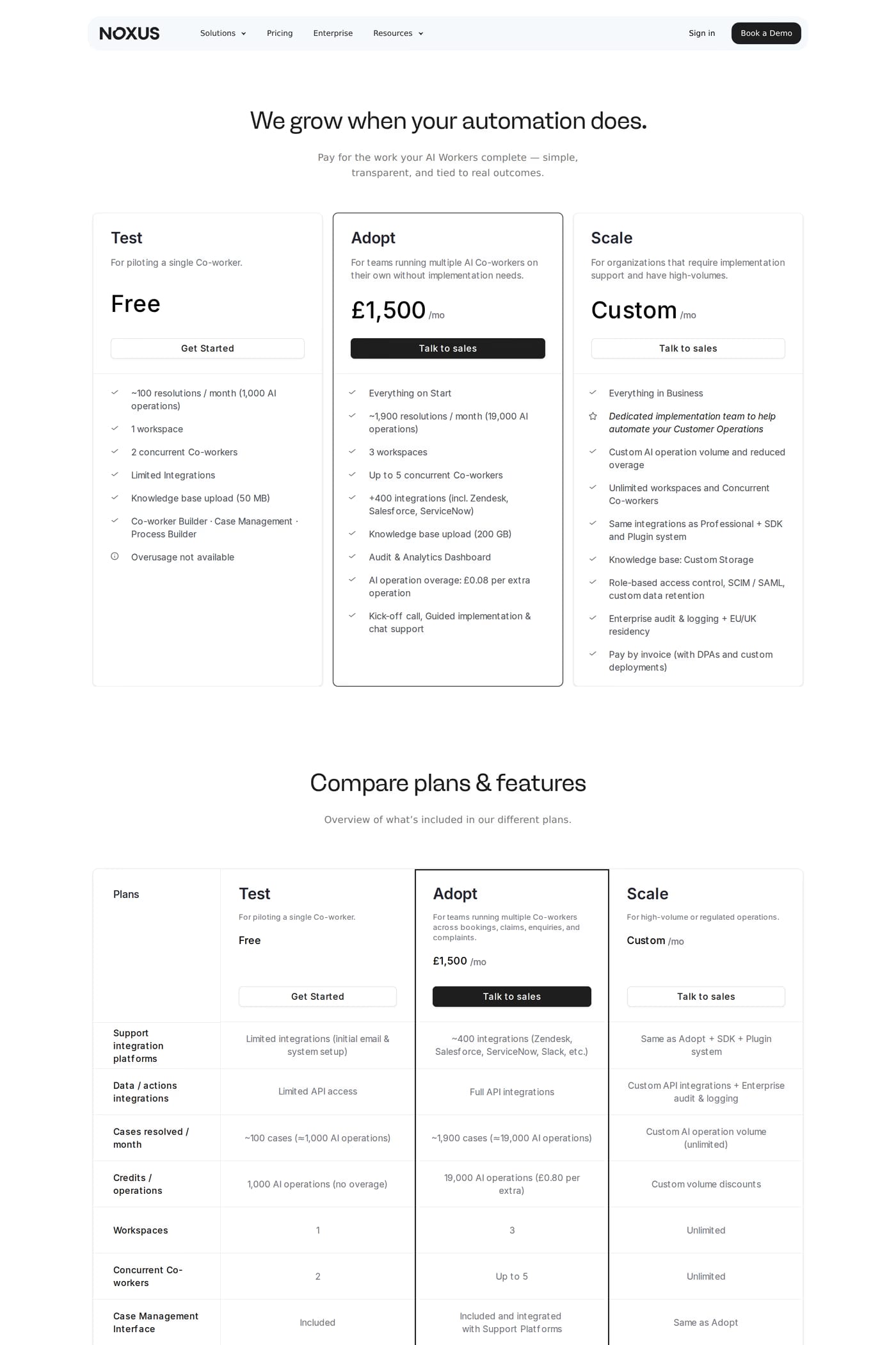 Noxus pricing page