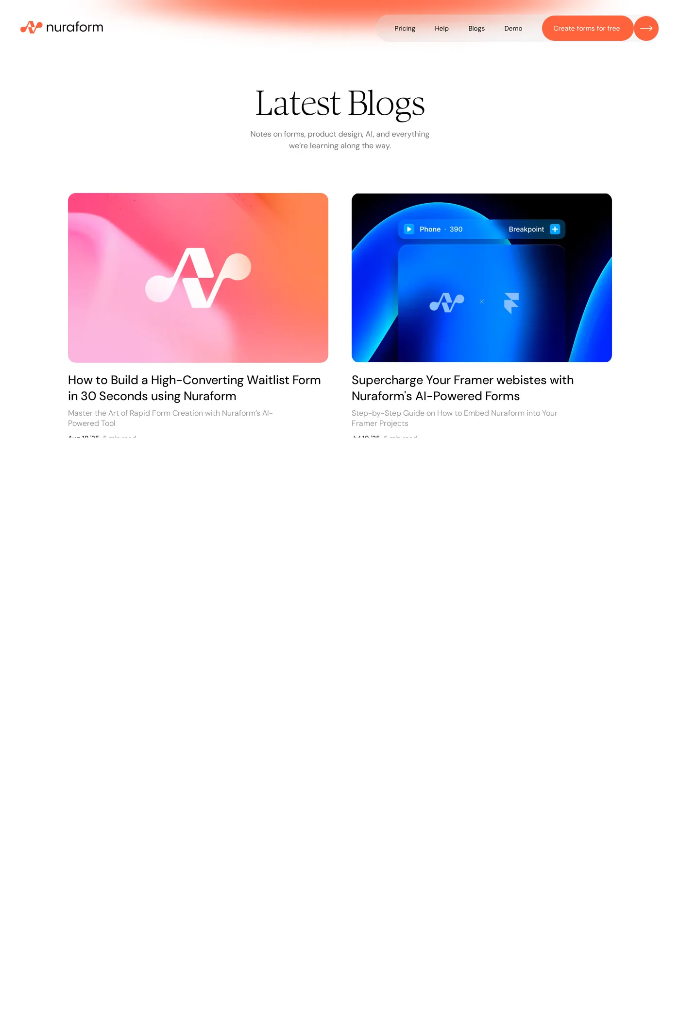 Nuraform — screenshot of the blog page