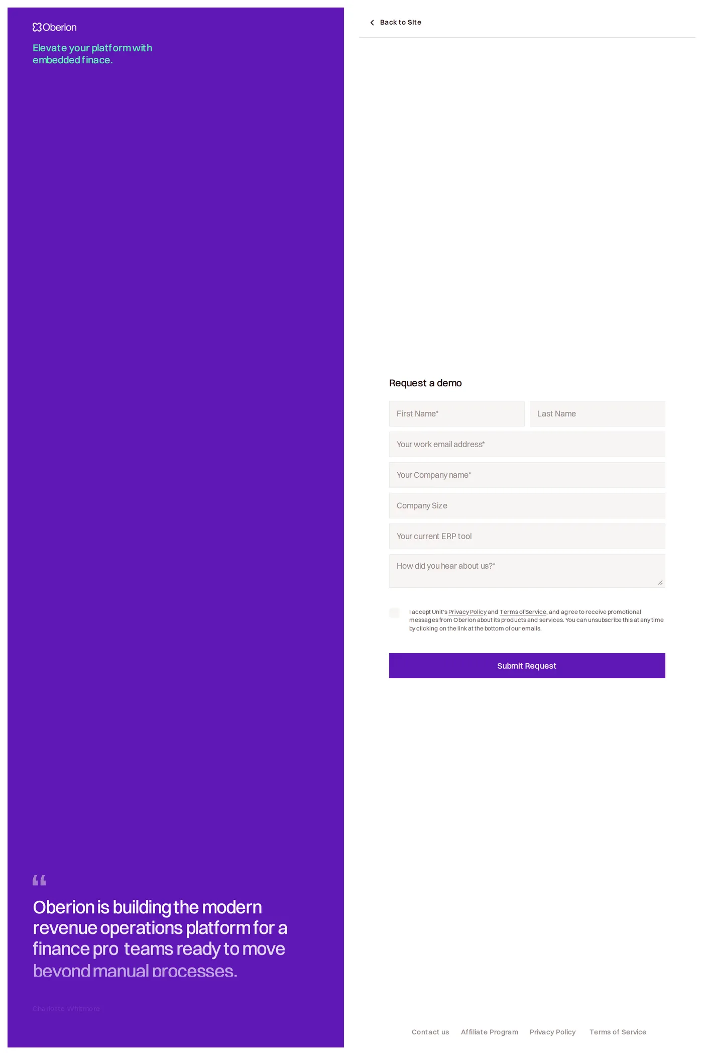 Oberion — screenshot of the login page