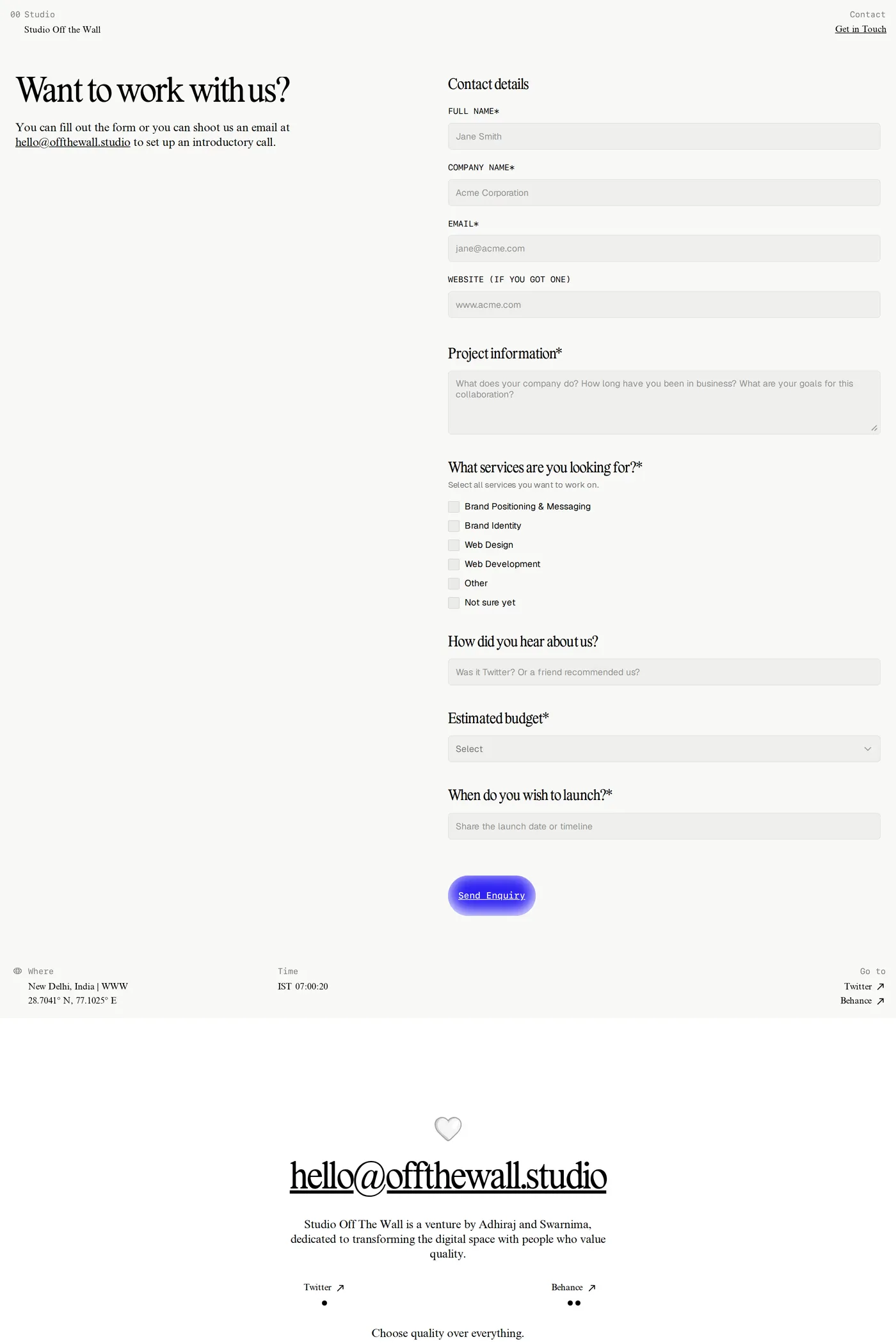 Off The Wall — screenshot of the contact page