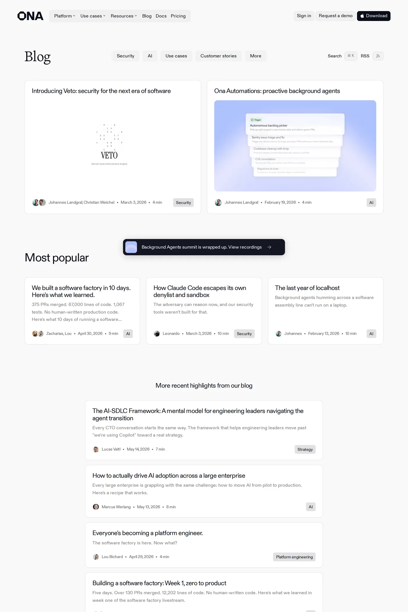 Ona — screenshot of the blog page