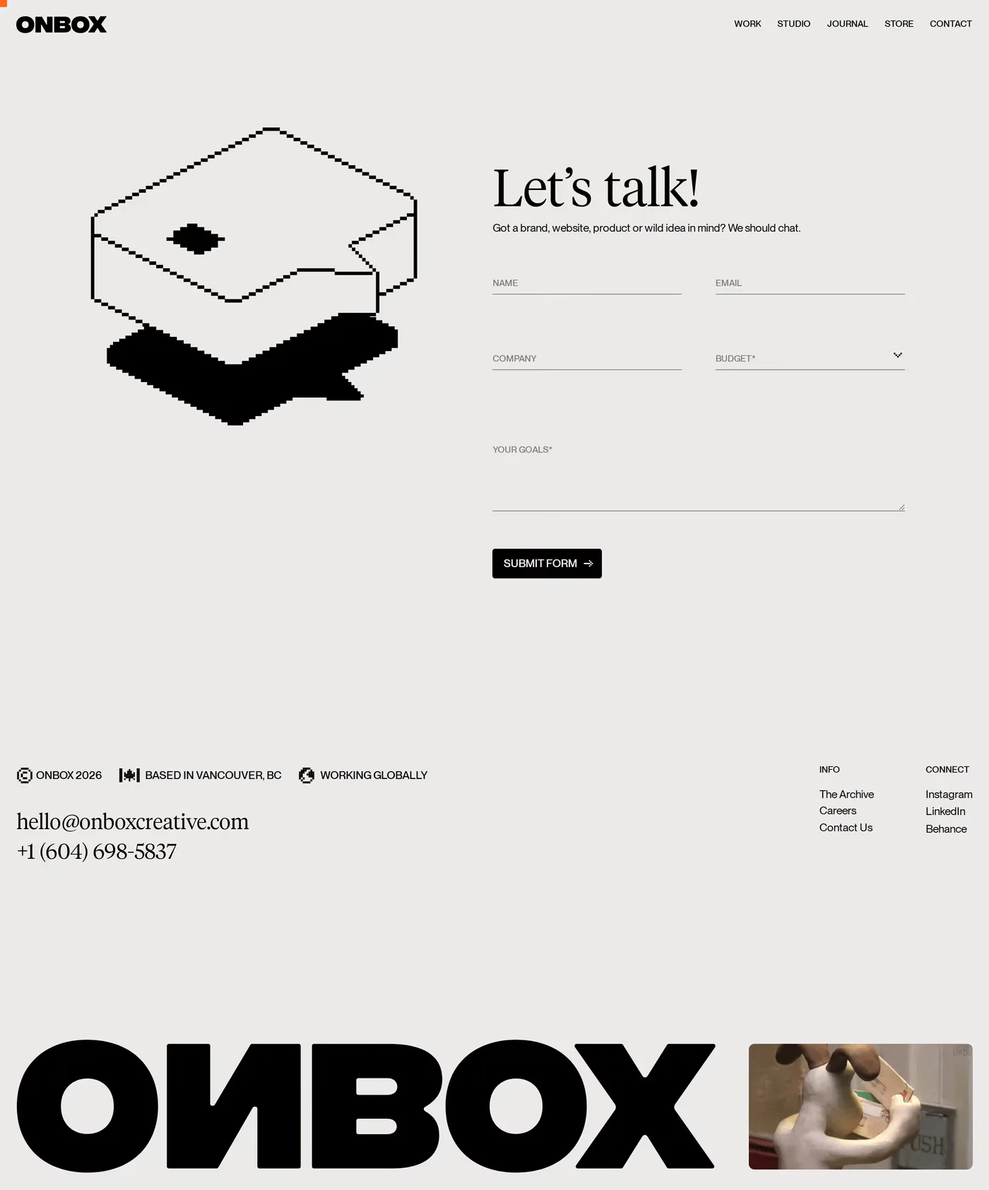 ONBOX — screenshot of the contact page