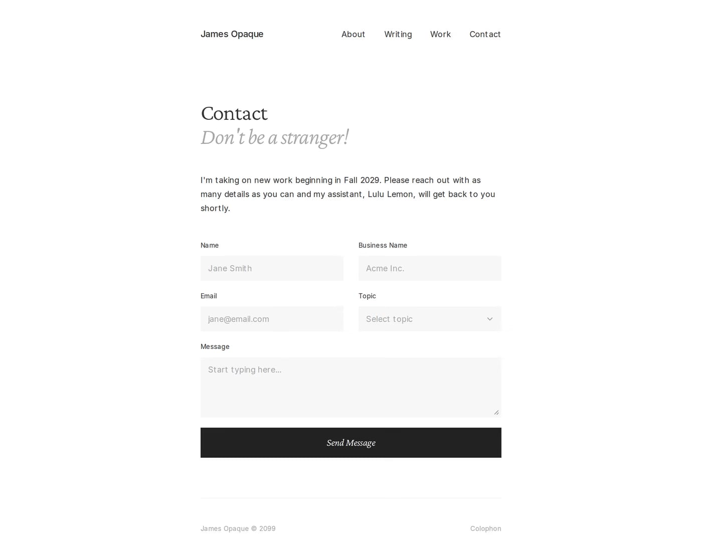 Opaque — screenshot of the contact page