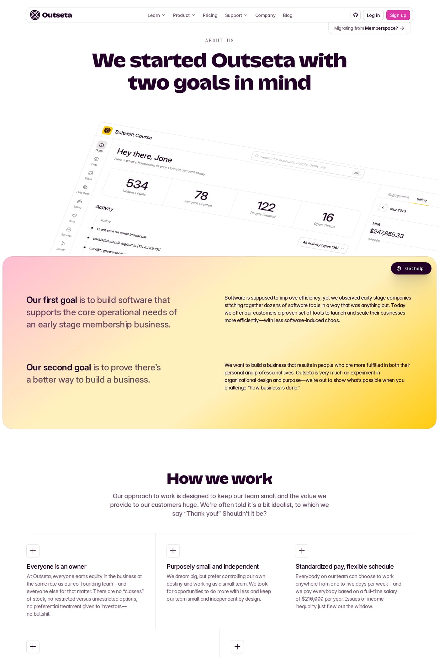 Outseta — screenshot of the about page