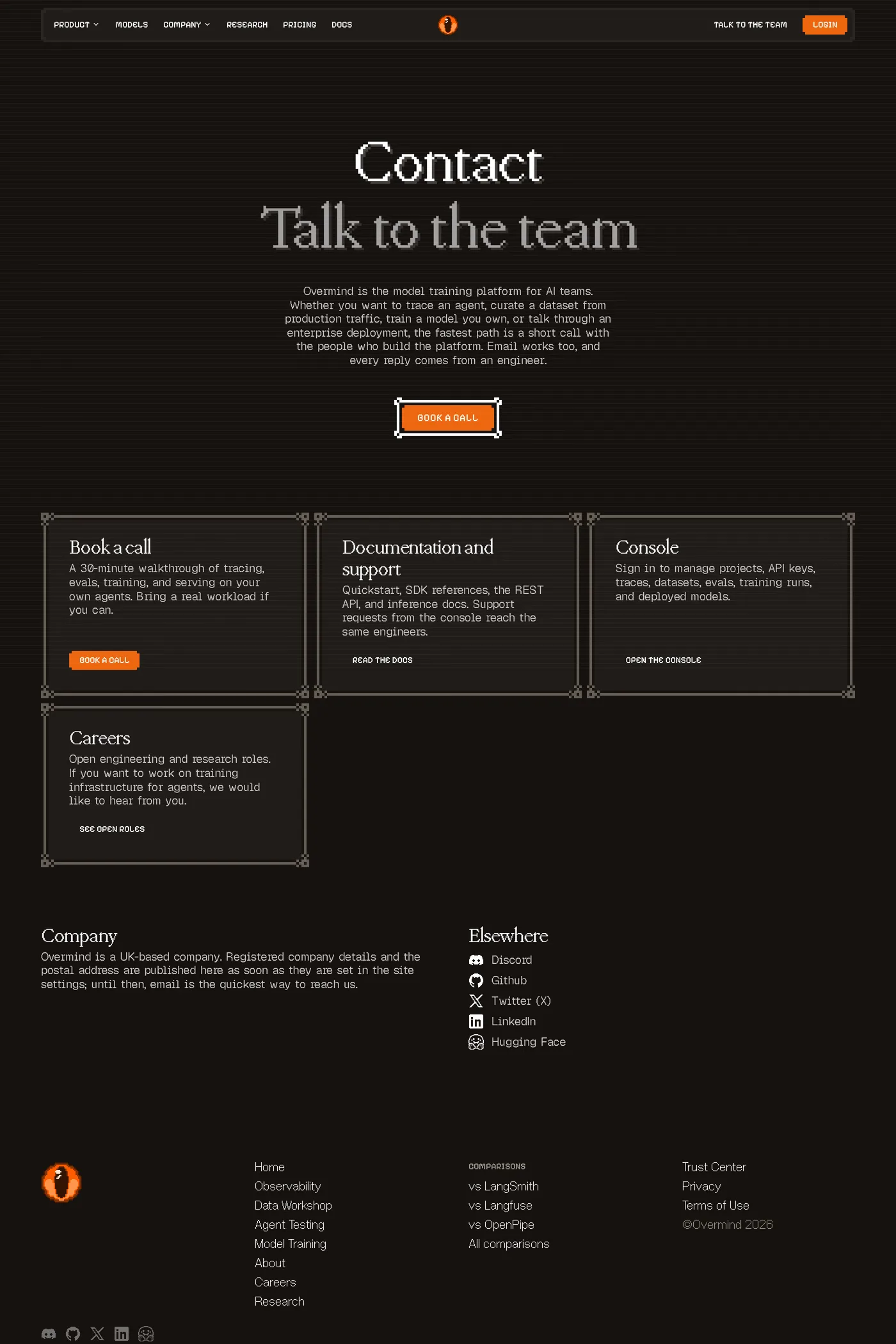 Overmind — screenshot of the contact page