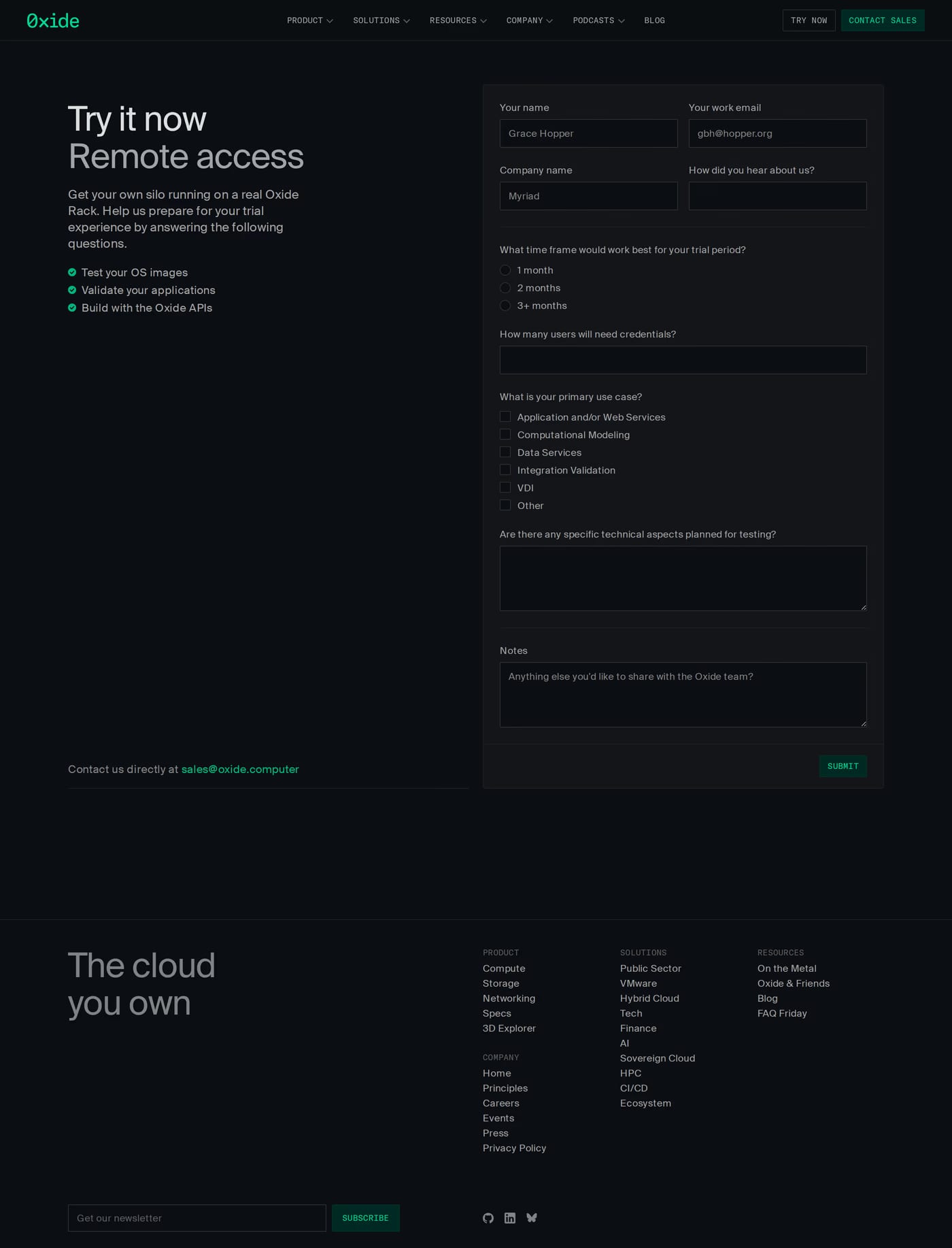 Oxide — screenshot of the contact page