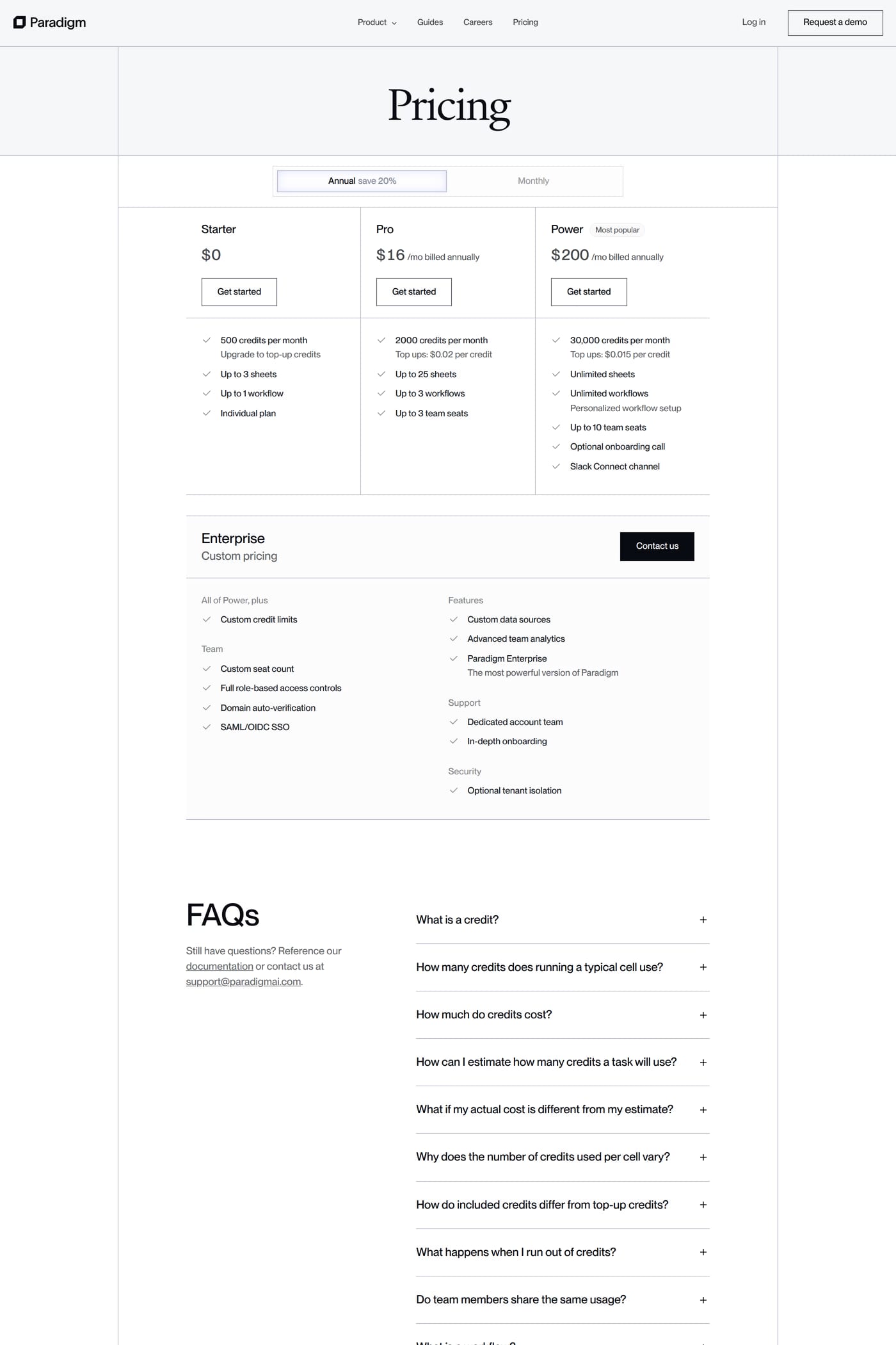 Paradigm pricing page