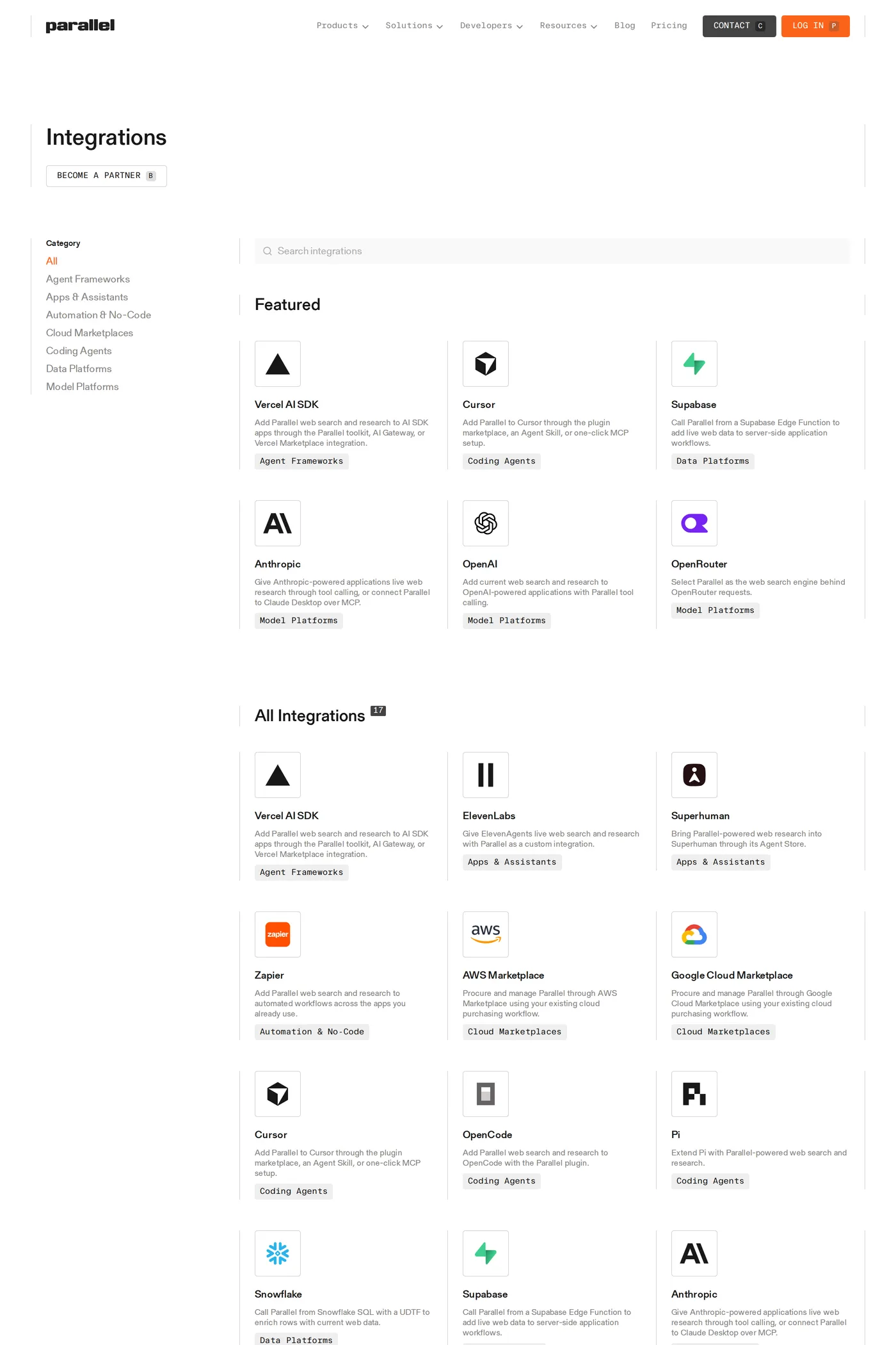 Parallel — screenshot of the integrations page