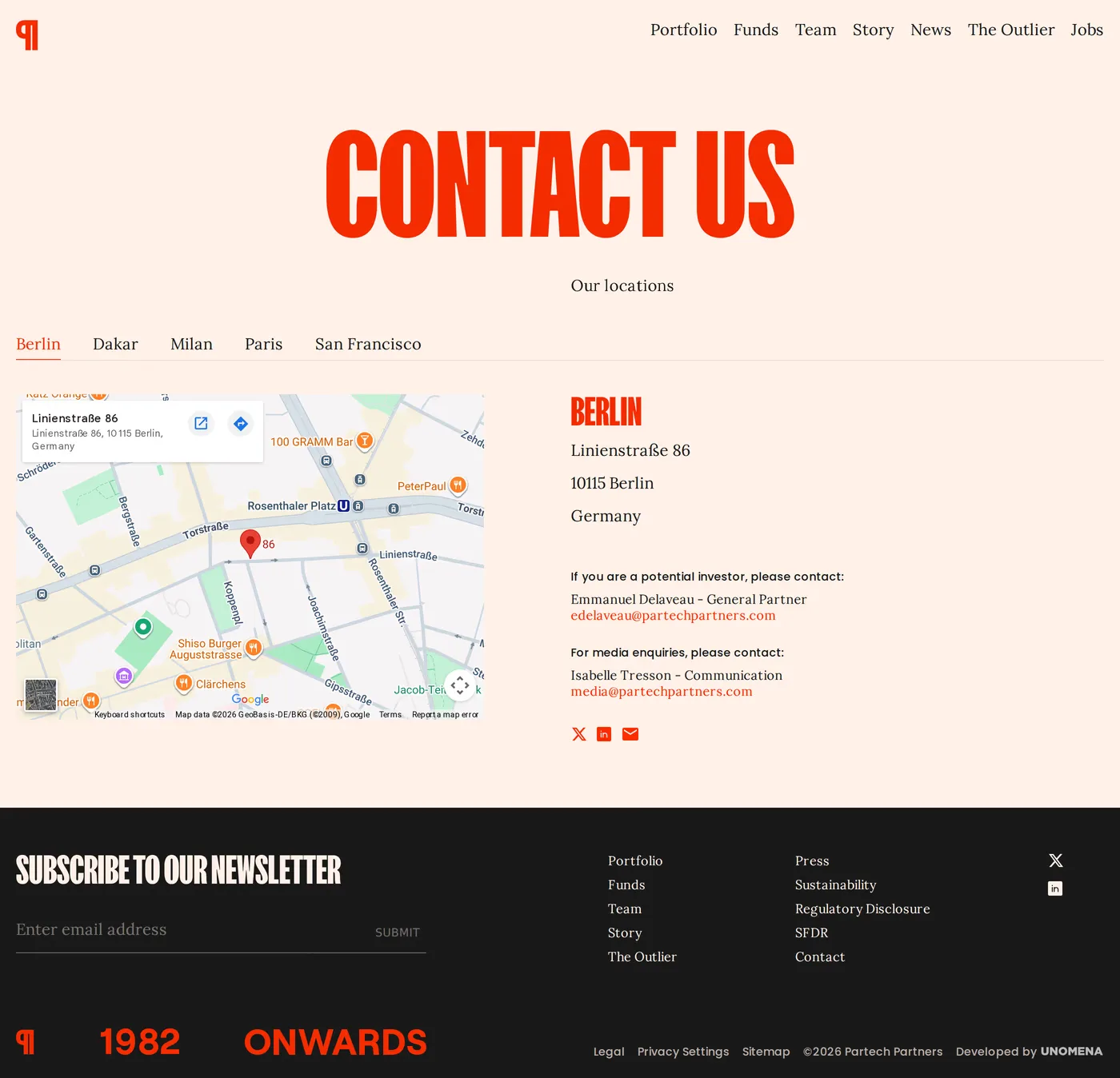 Partech — screenshot of the contact page