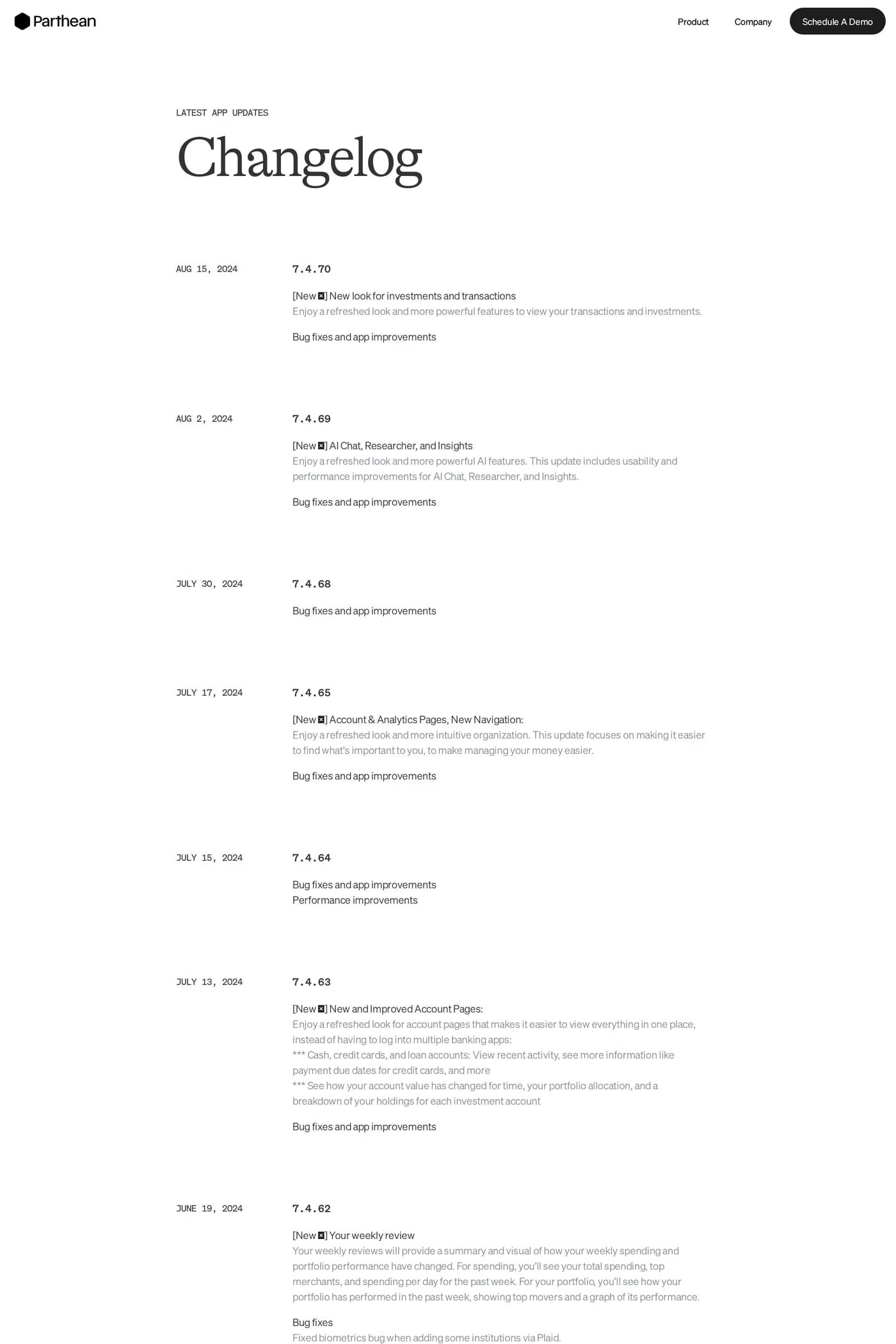 Parthean changelog page