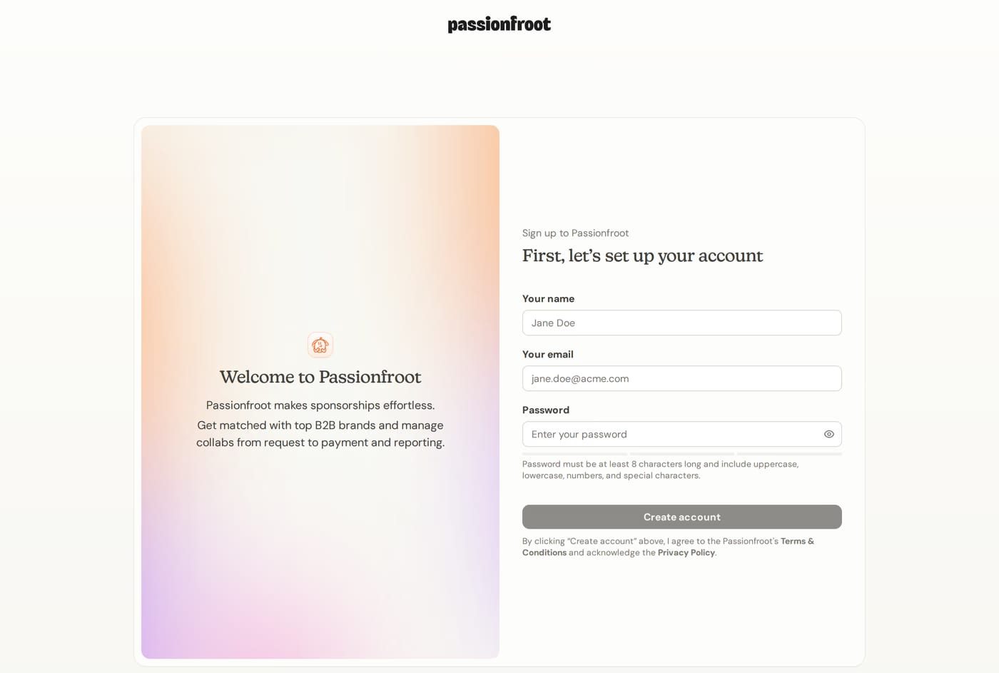 Passionfroot sign up page