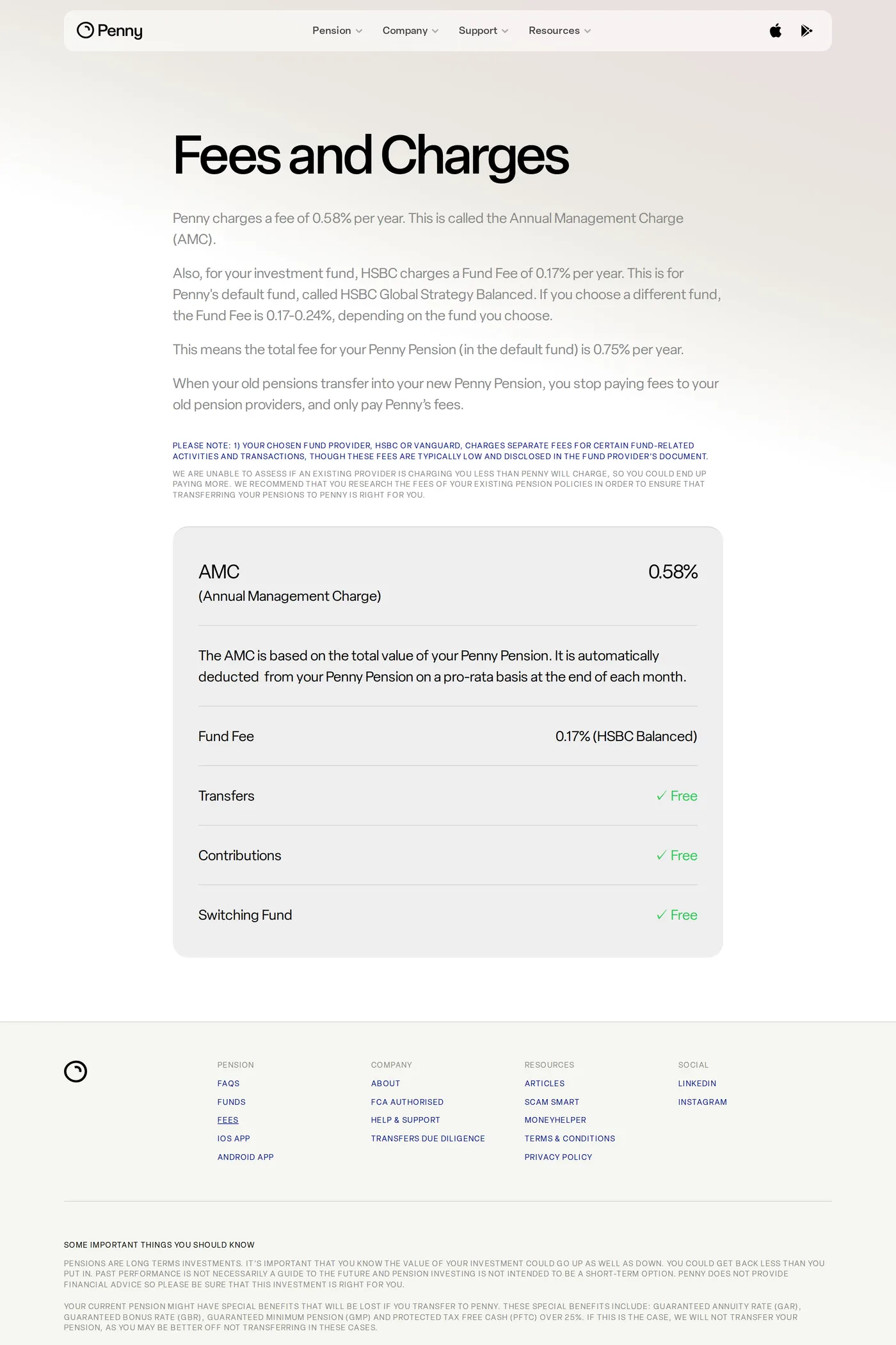 Penny Pension — screenshot of the pricing page