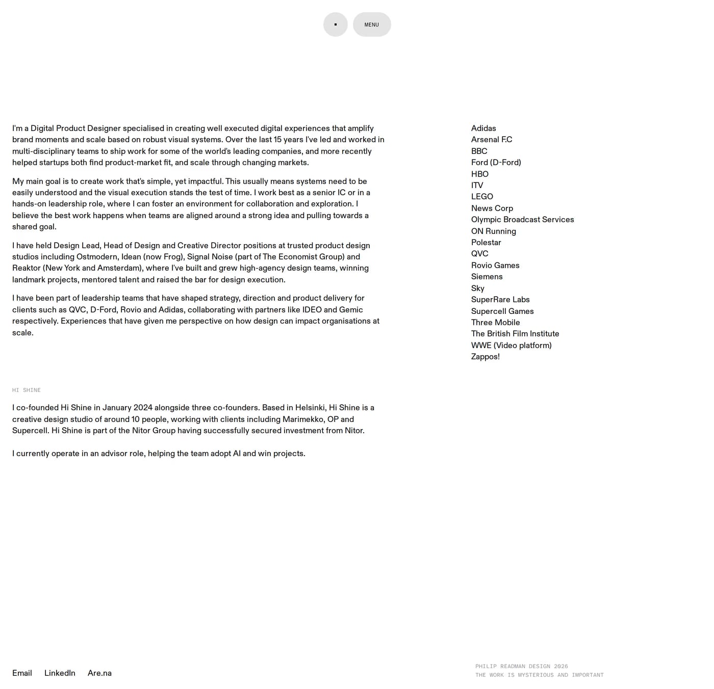 Philip Readman — screenshot of the about page