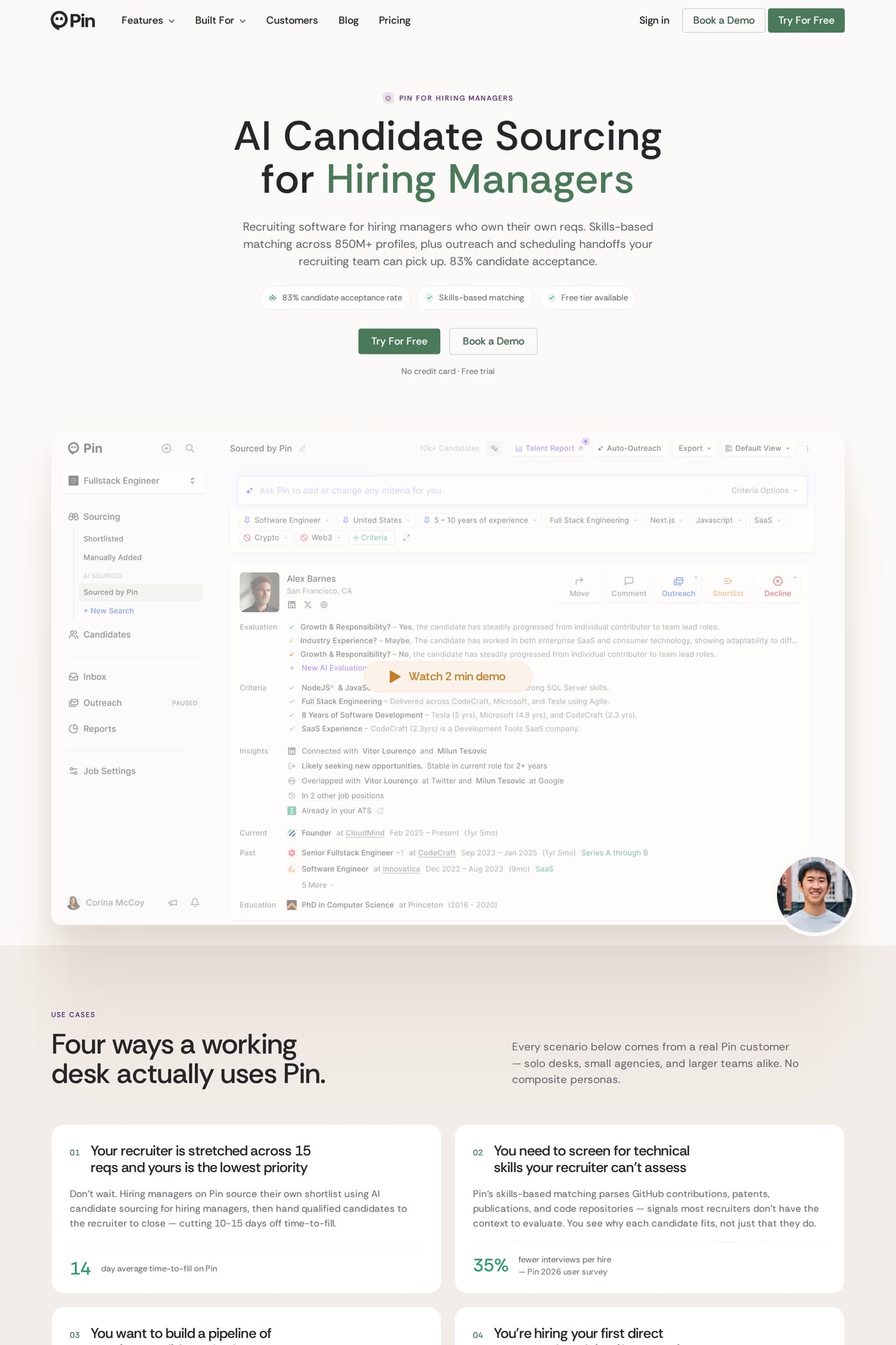 Pin — screenshot of the features page