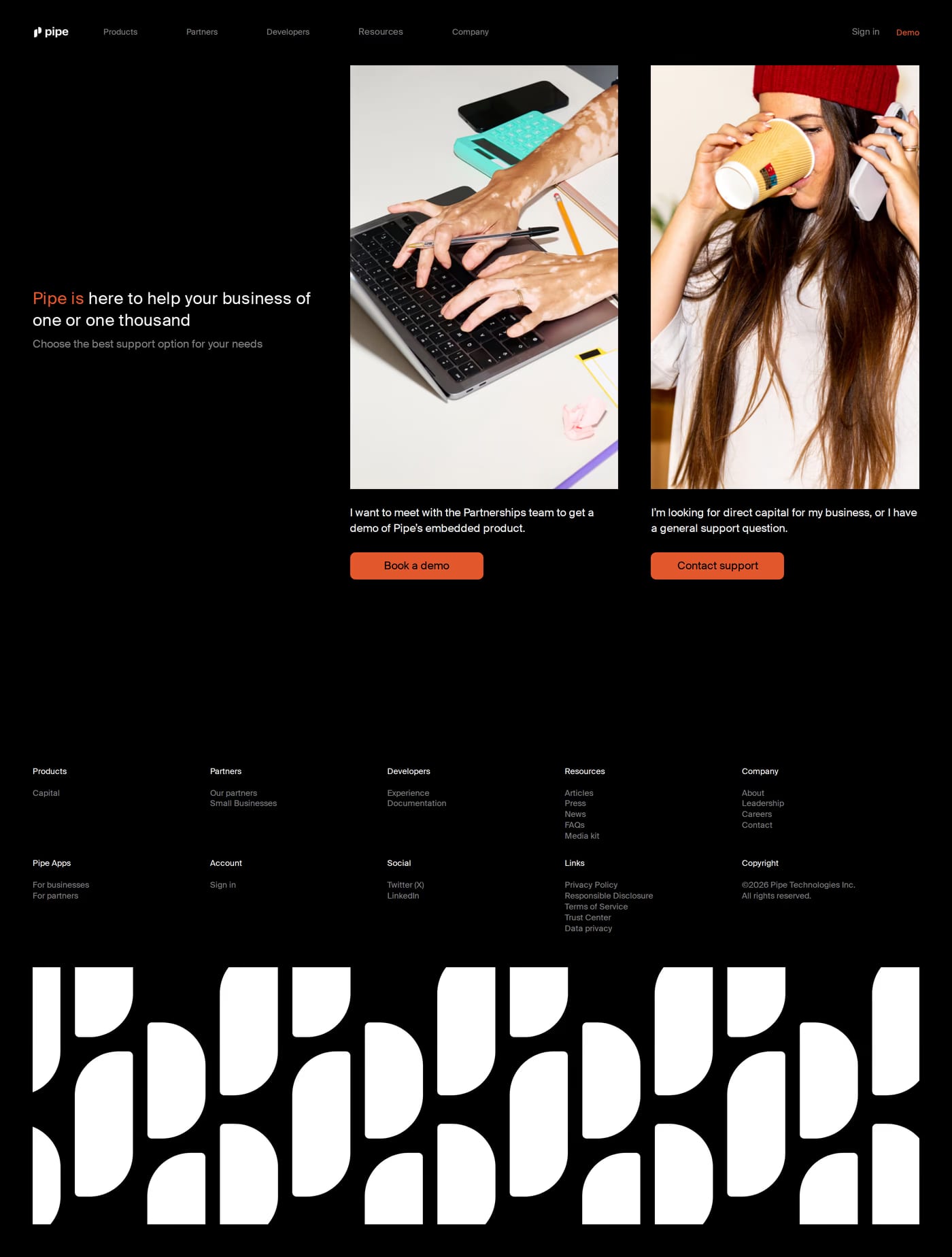 Pipe — screenshot of the contact page