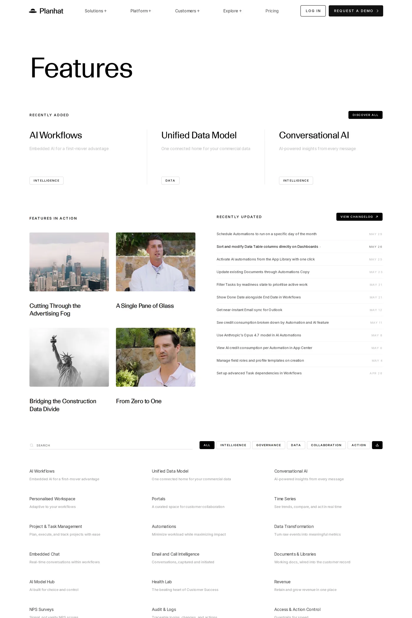 Planhat — screenshot of the features page