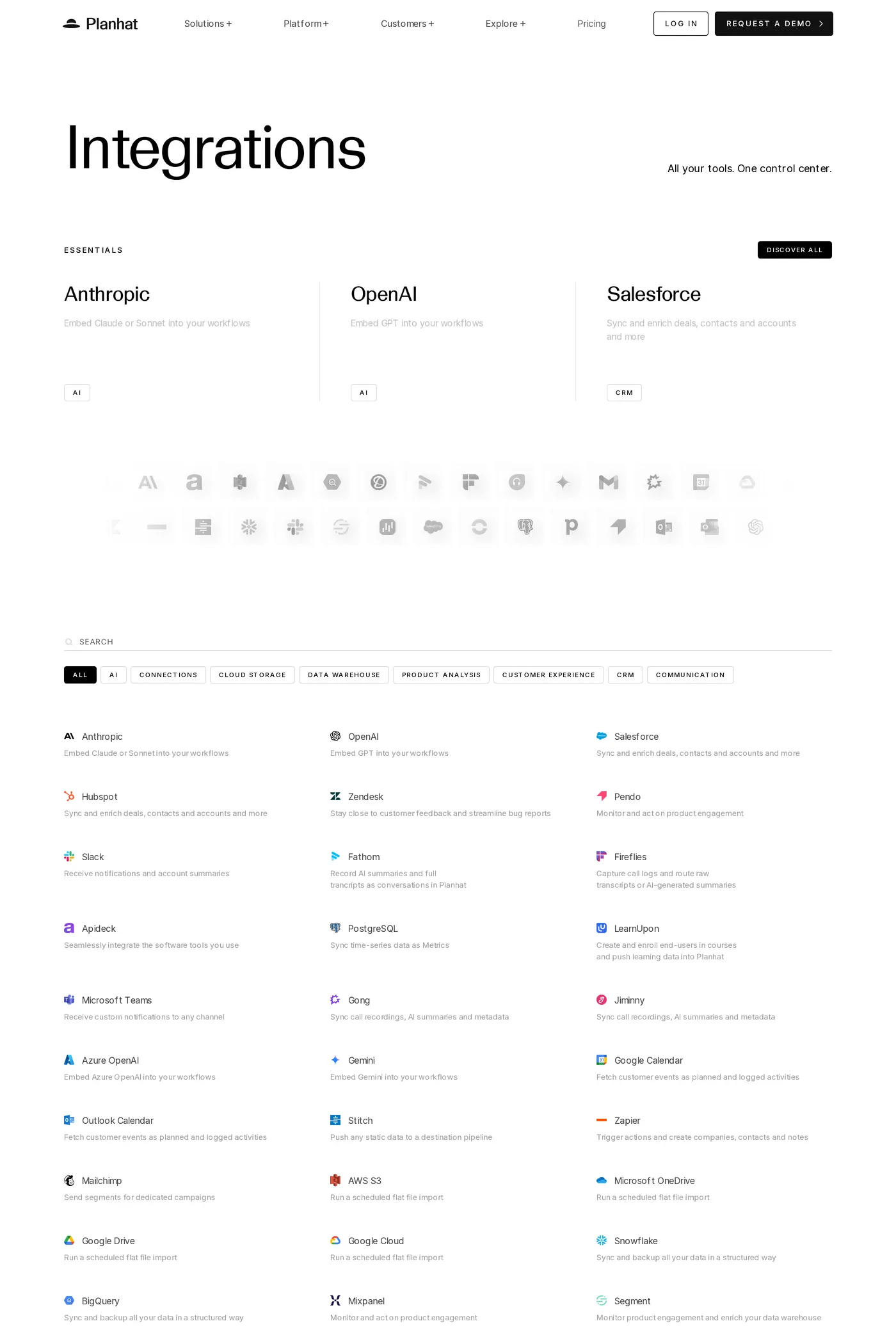 Planhat — screenshot of the integrations page